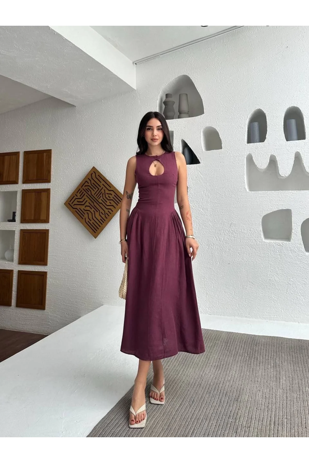 Kolsuz Uzun Kabardin Elbise - Bordo