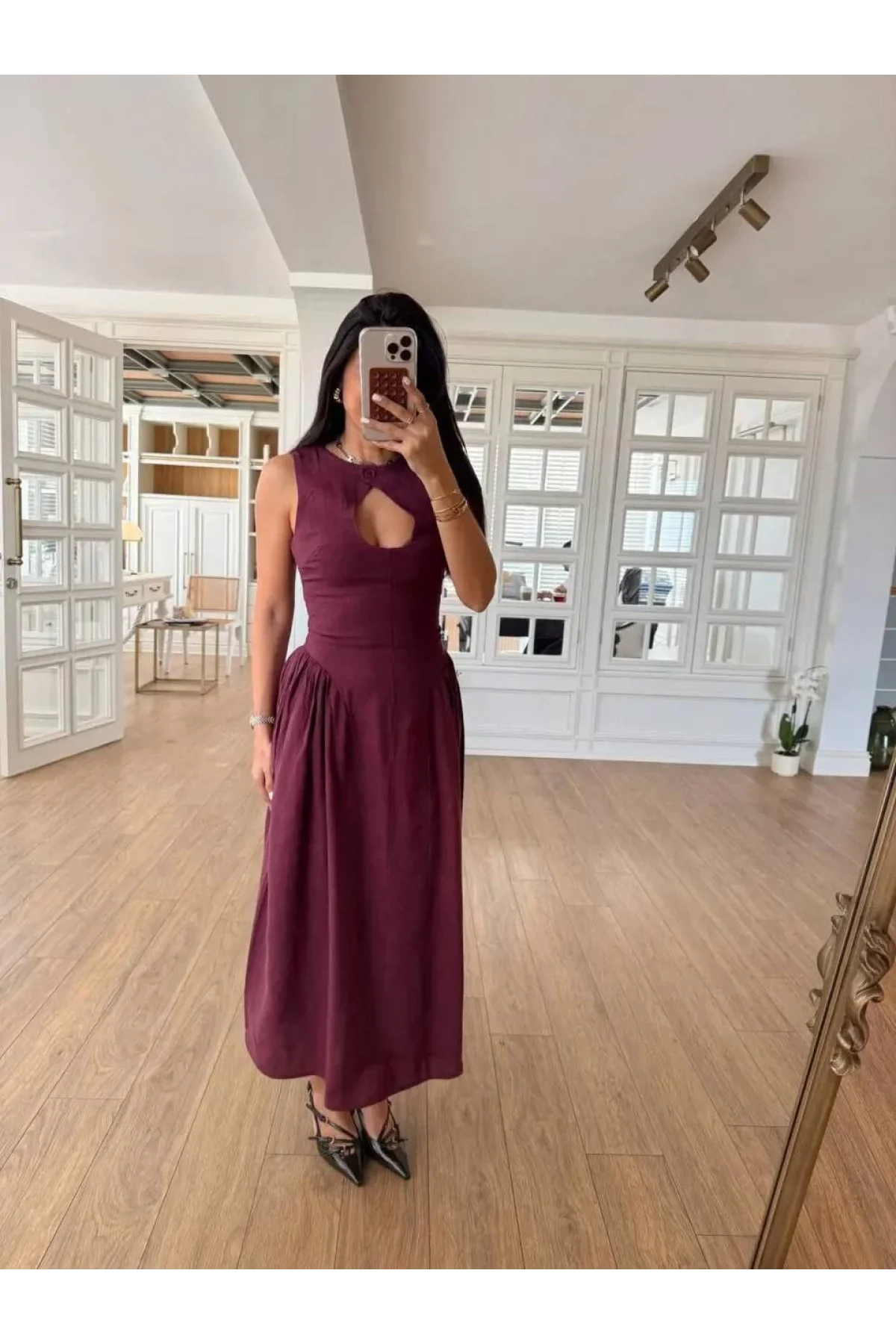 Kolsuz Uzun Kabardin Elbise - Bordo