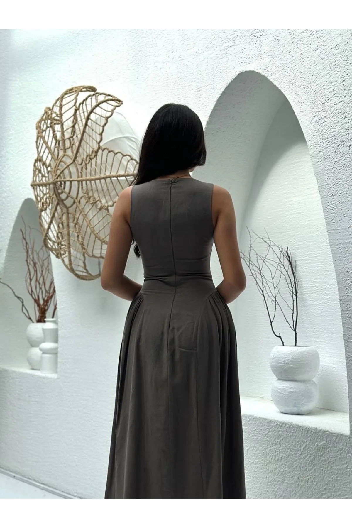 Kolsuz Uzun Kabardin Elbise - Gri