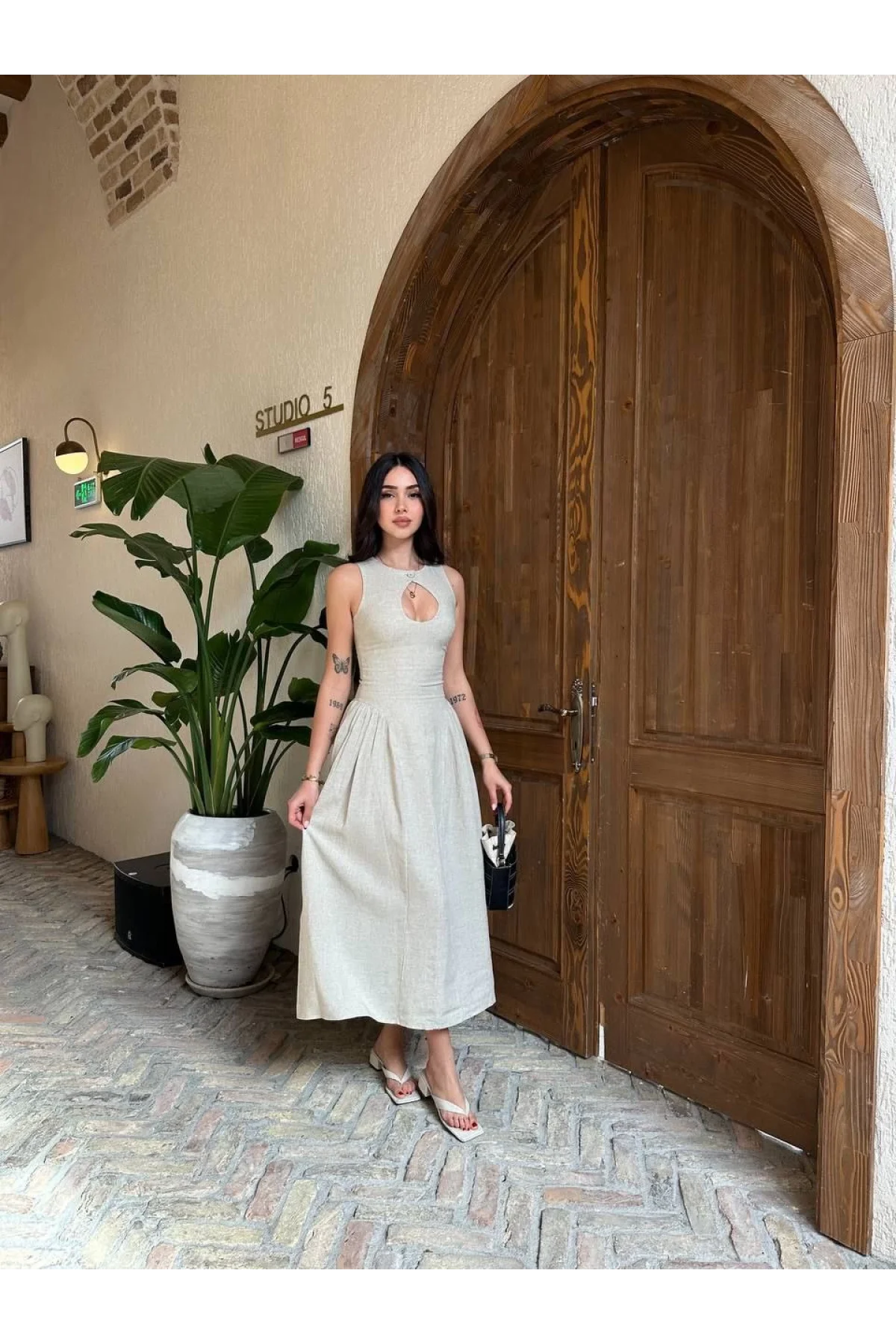 Kolsuz Uzun Kabardin Elbise - Gri