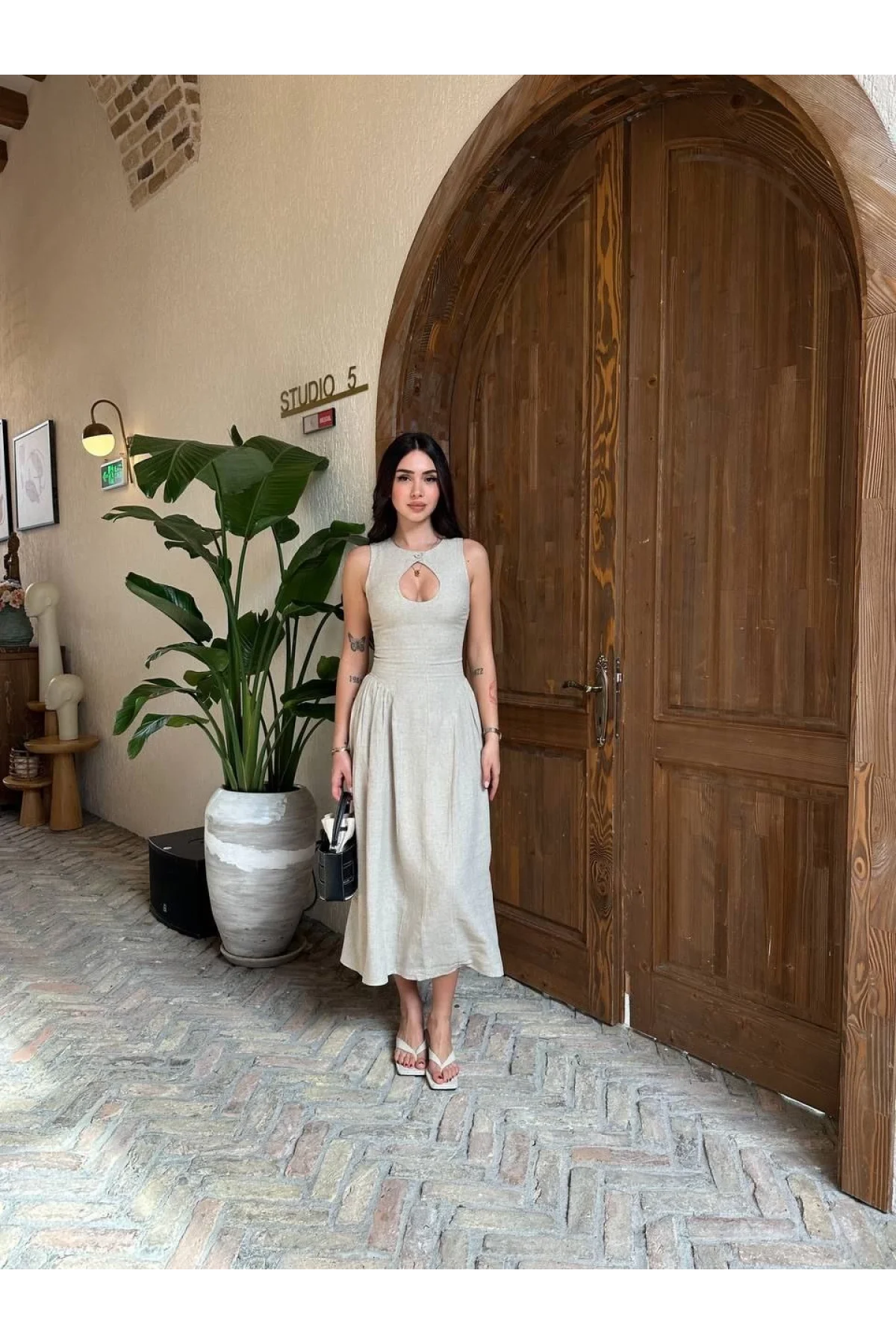 Kolsuz Uzun Kabardin Elbise - Gri