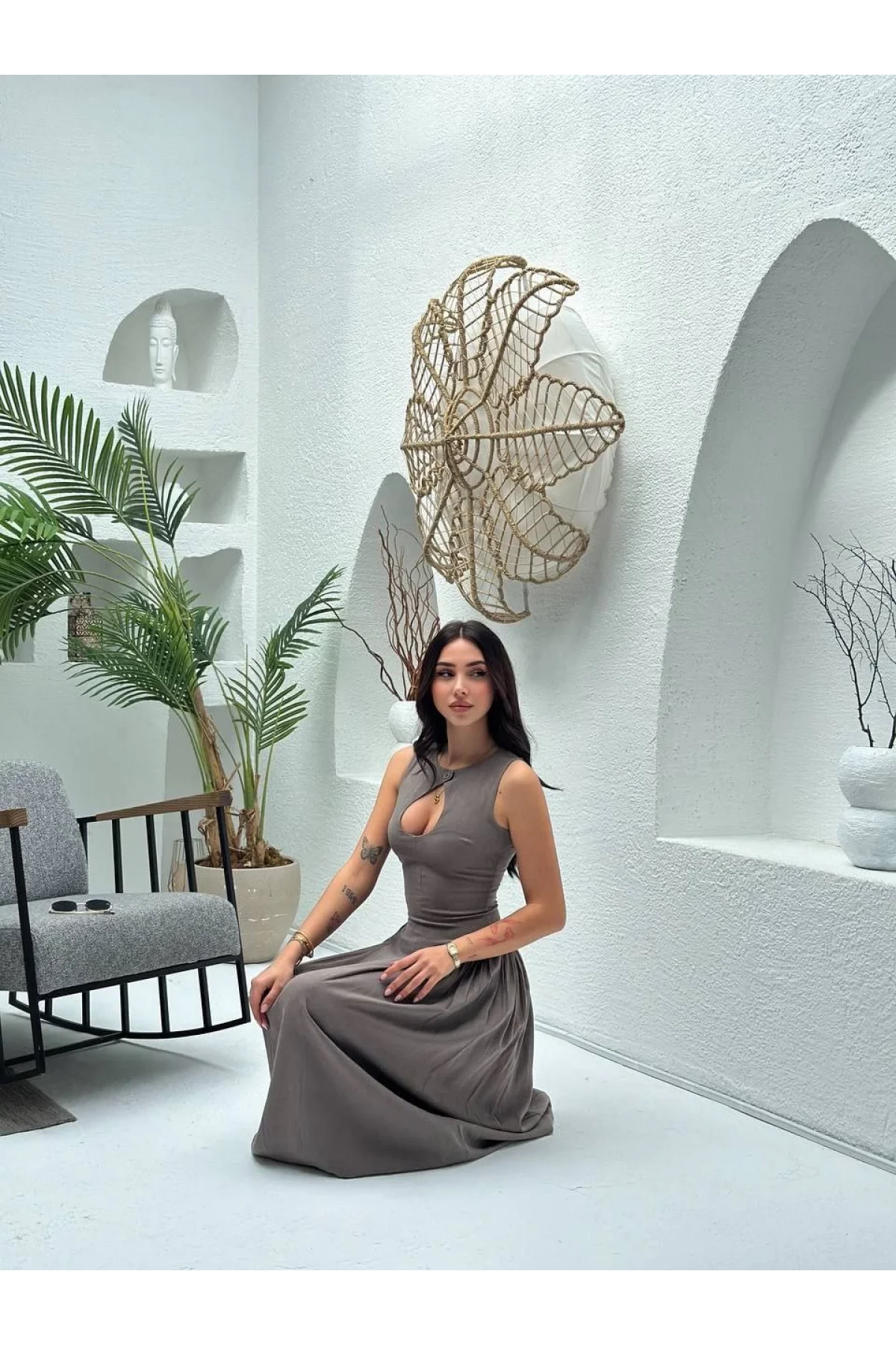 Kolsuz Uzun Kabardin Elbise - Gri