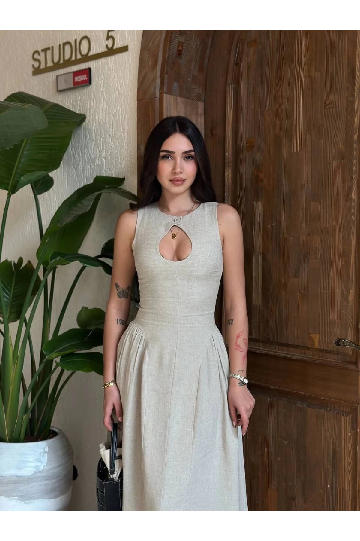 Kolsuz Uzun Kabardin Elbise - Gri