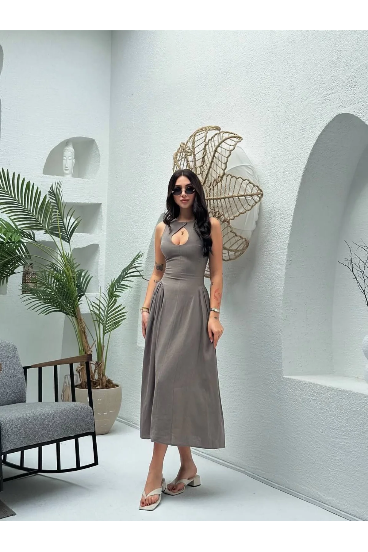 Kolsuz Uzun Kabardin Elbise - Gri