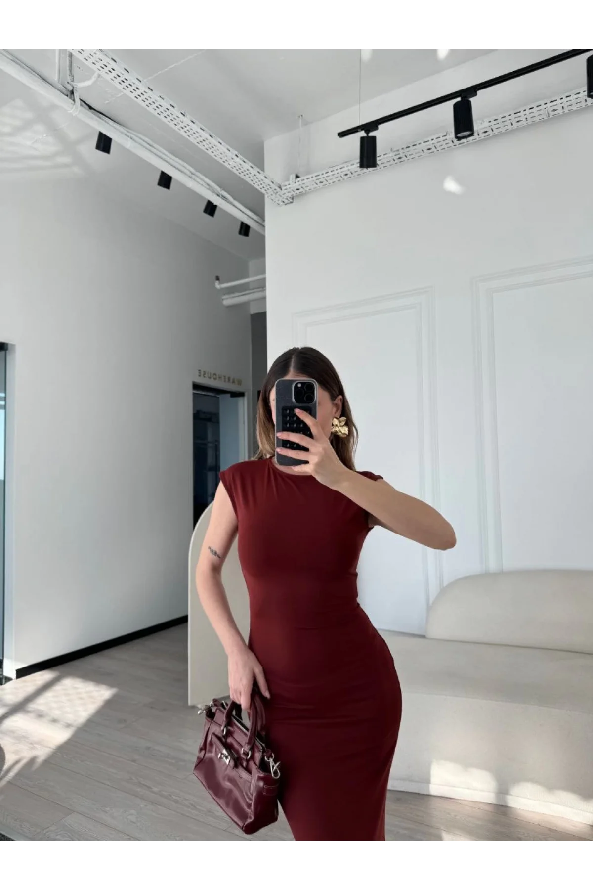 Kolsuz Uzun Likralı Elbise - Bordo