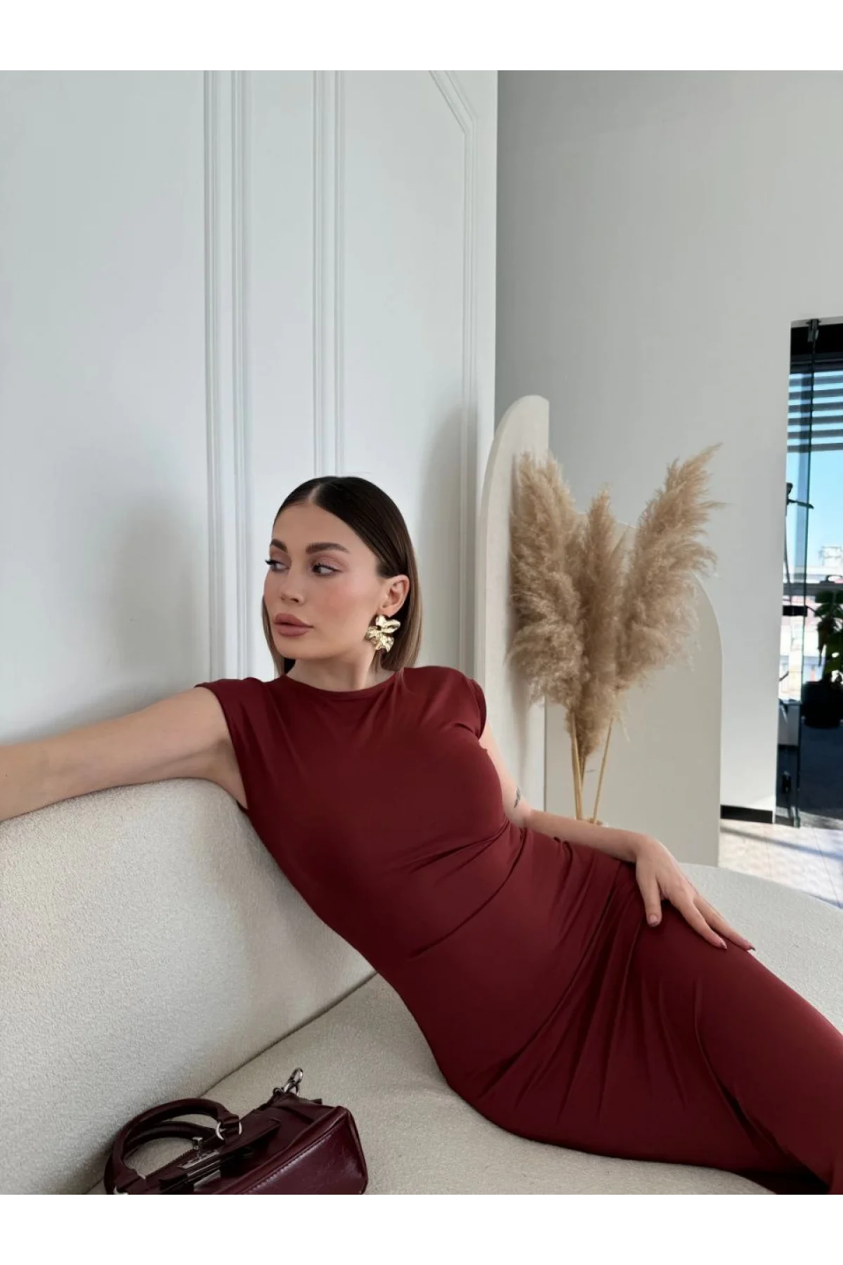 Kolsuz Uzun Likralı Elbise - Bordo