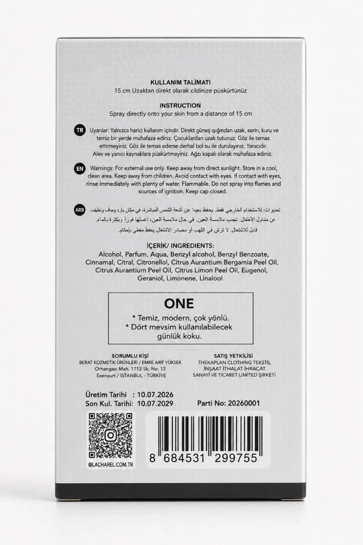 LACHAREL One Eau De Parfum 50 ML Temiz Modern ve Çok Yönlü Günlük Parfüm