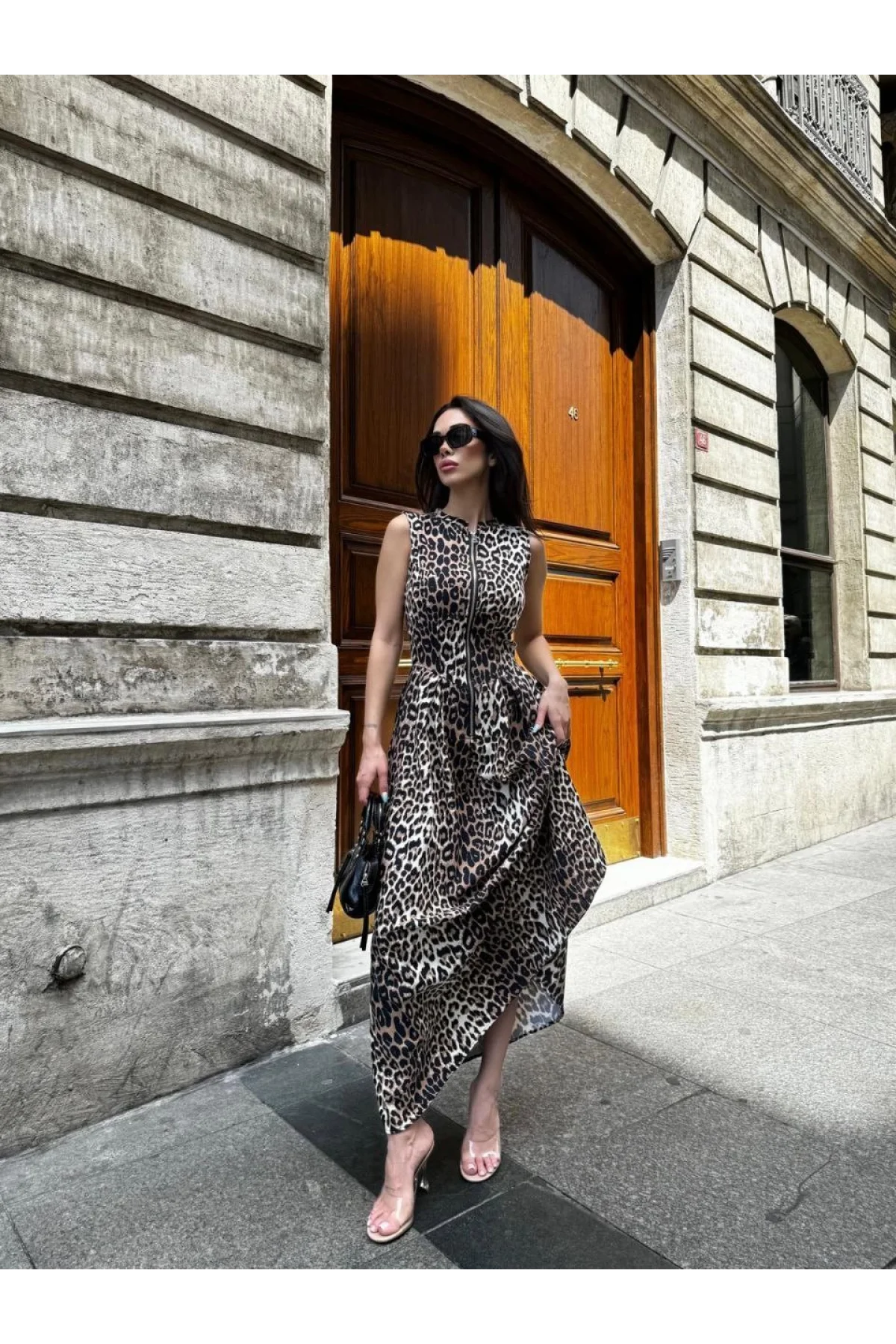 Leopar Desenli Fermuarlı Cepli Pileli Kadın Midi Elbise- Leopar