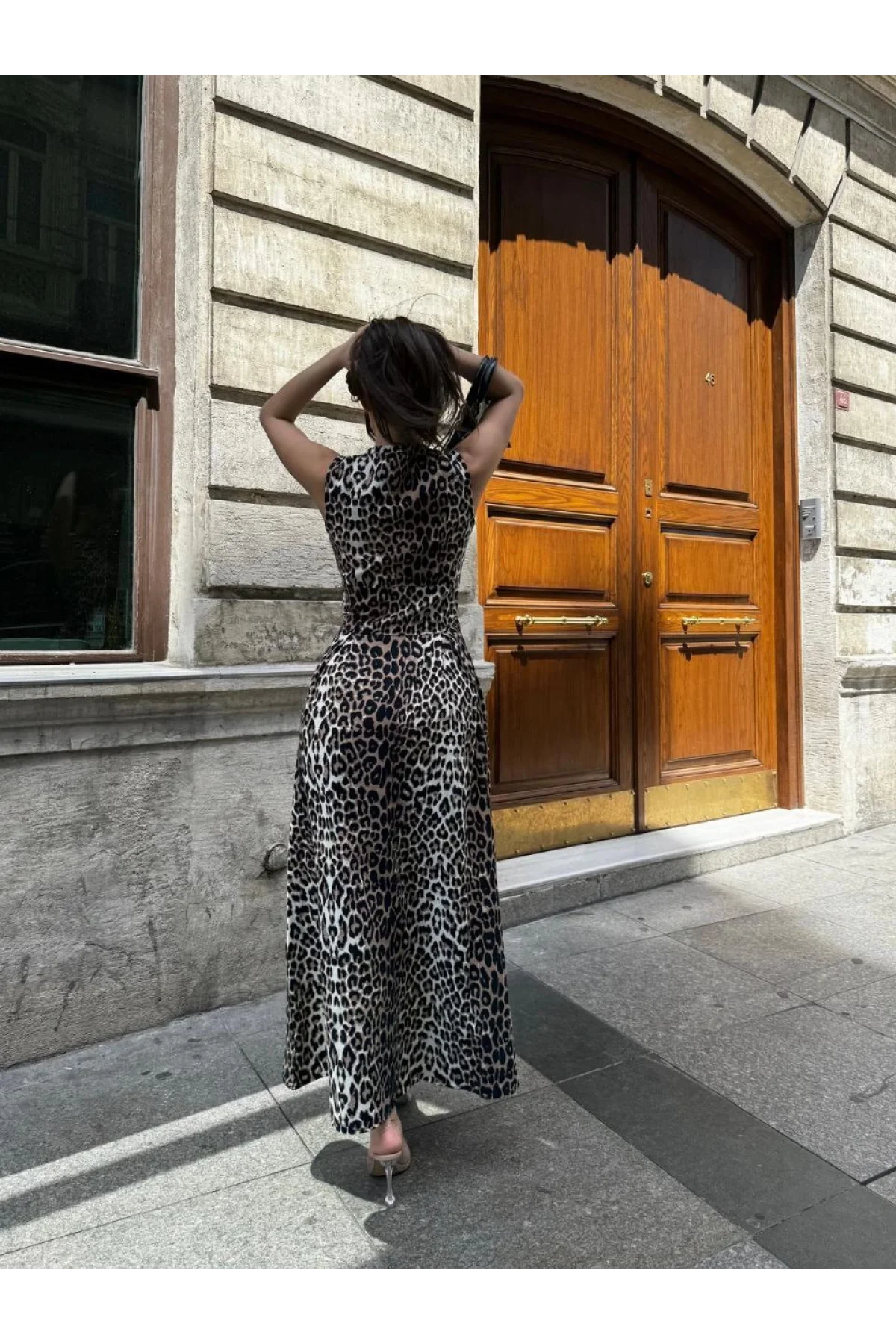 Leopar Desenli Fermuarlı Cepli Pileli Kadın Midi Elbise- Leopar
