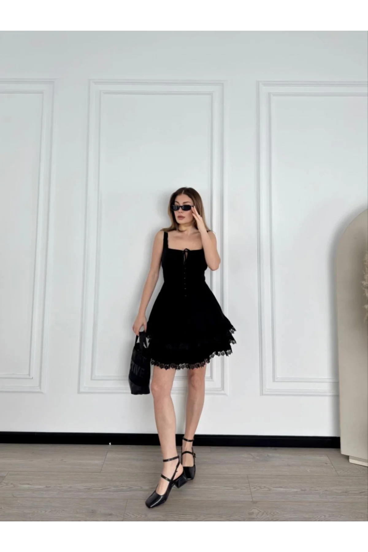Mini Askılı Elbise - Siyah