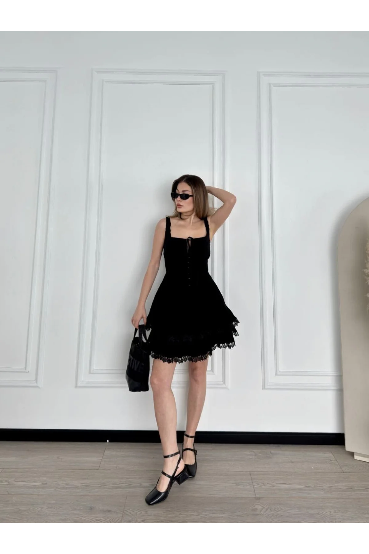 Mini Askılı Elbise - Siyah