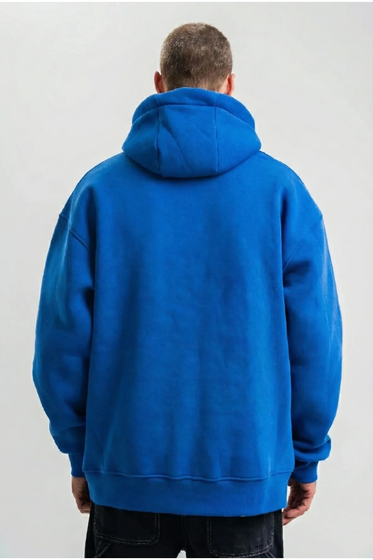 Erkek Saks Mavi Double Oversize 3 İplik Pamuklu Kapüşonlu Kanguru Cepli Sweatshirt Hoodie - Saks Mavi