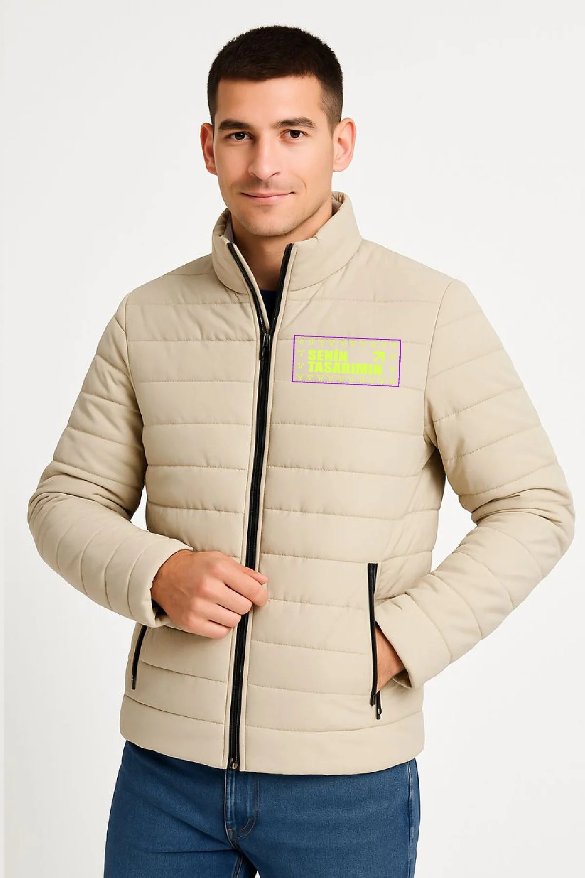 Ön Bomber Mont Ceket Kapitone Astarlı, Fermuarlı, Kışlık - Bej