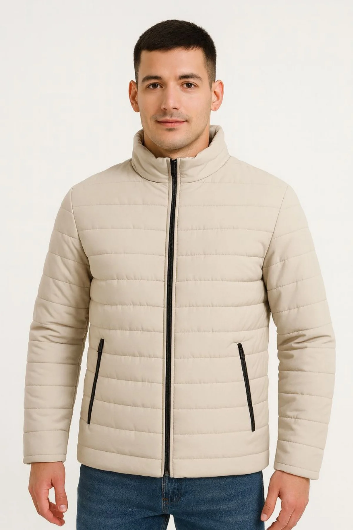 Ön Bomber Mont Ceket Kapitone Astarlı, Fermuarlı, Kışlık - Bej