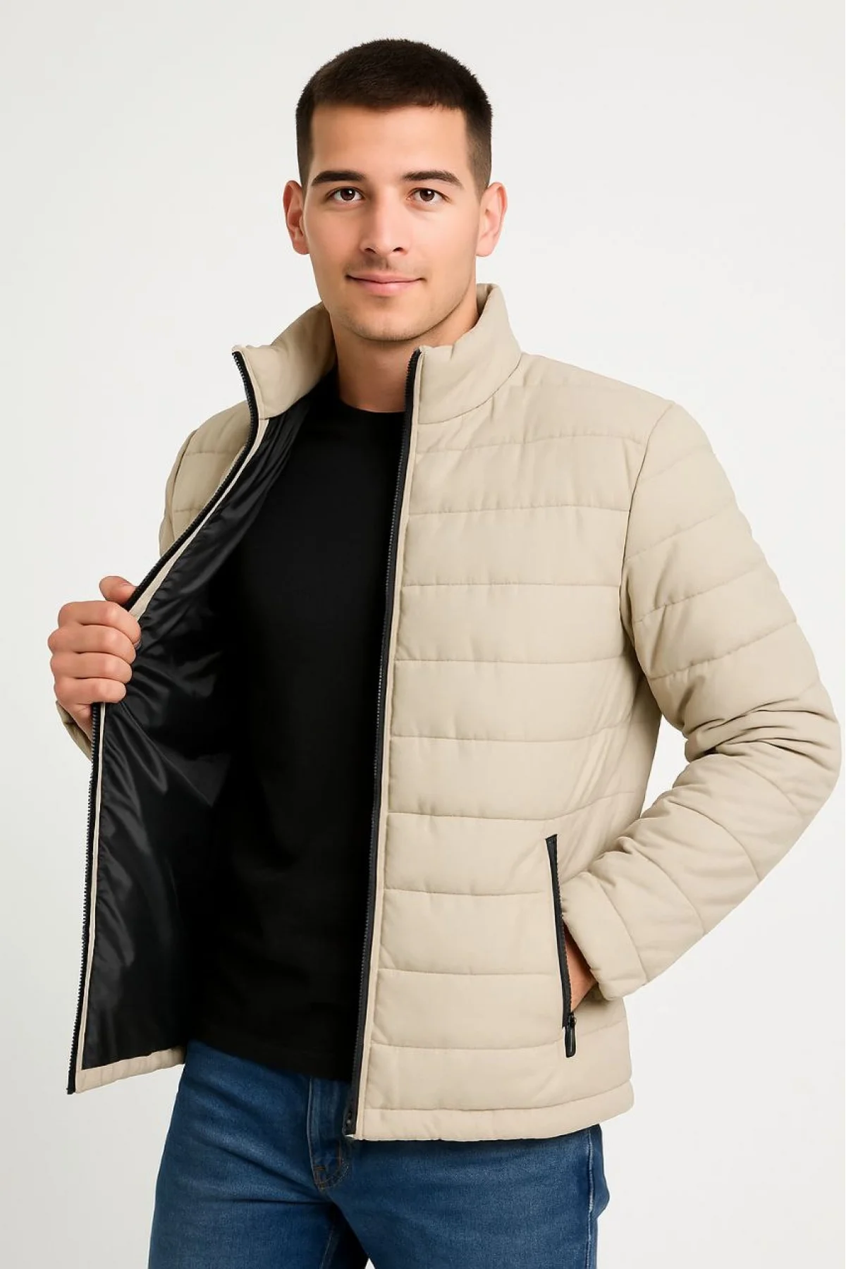 Ön Bomber Mont Ceket Kapitone Astarlı, Fermuarlı, Kışlık - Bej