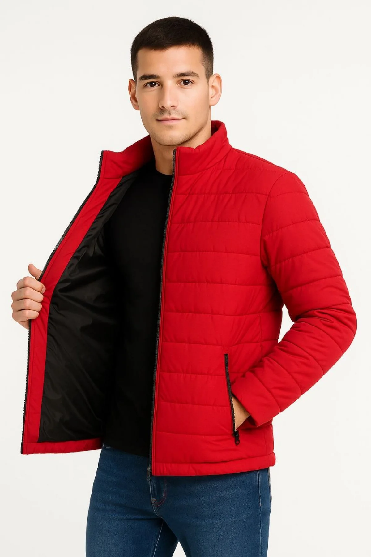Ön Bomber Mont Ceket Kapitone Astarlı, Fermuarlı, Kışlık - Kırmızı