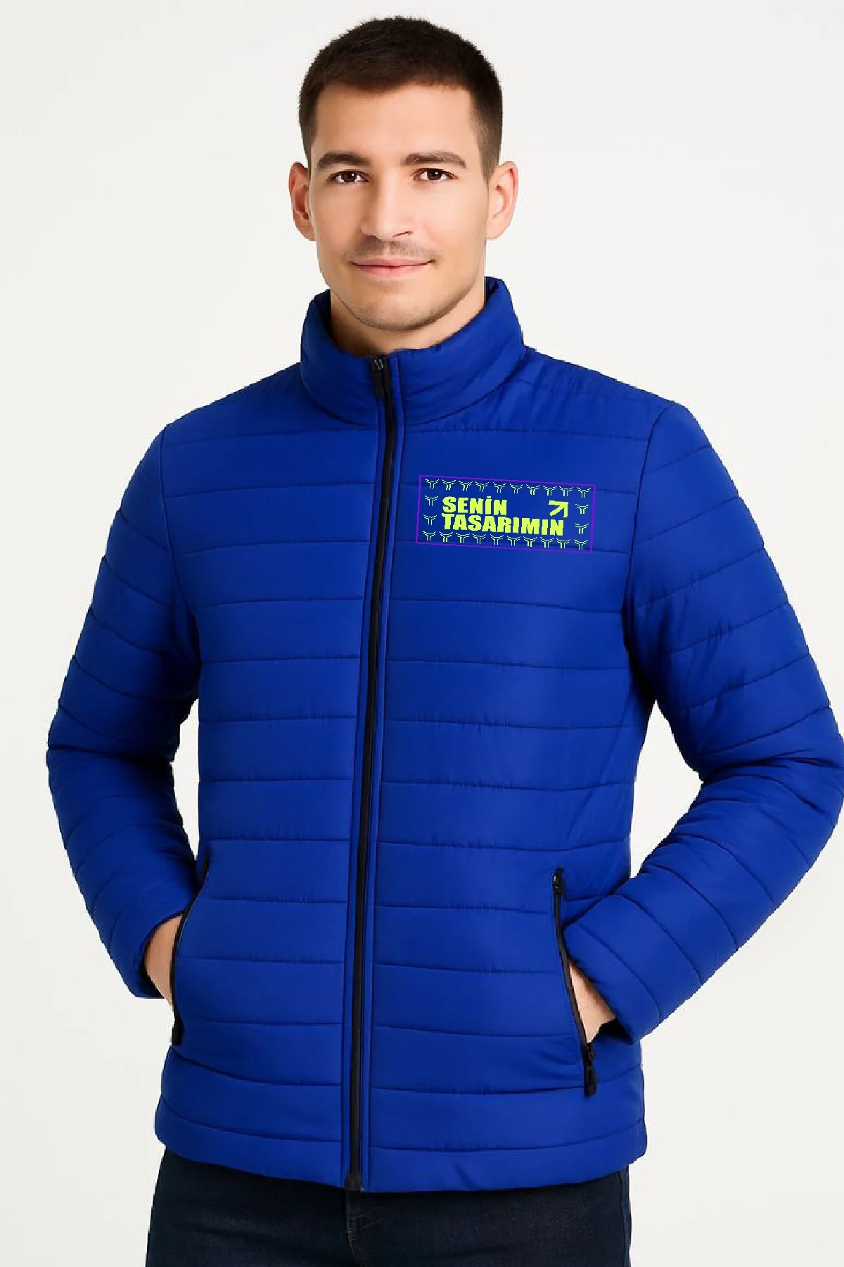 Ön Bomber Mont Ceket Kapitone Astarlı, Fermuarlı, Kışlık - Saks Mavisi