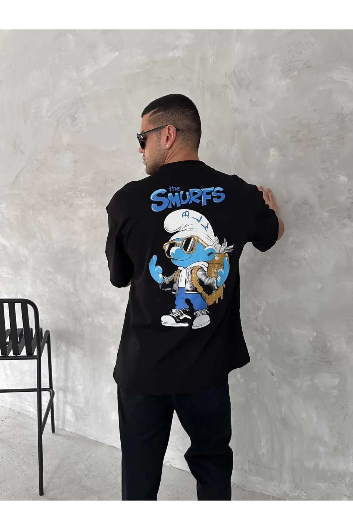 Ön ve Arka Baskılı Oversize Bisiklet Yaka T-shirt- Siyah