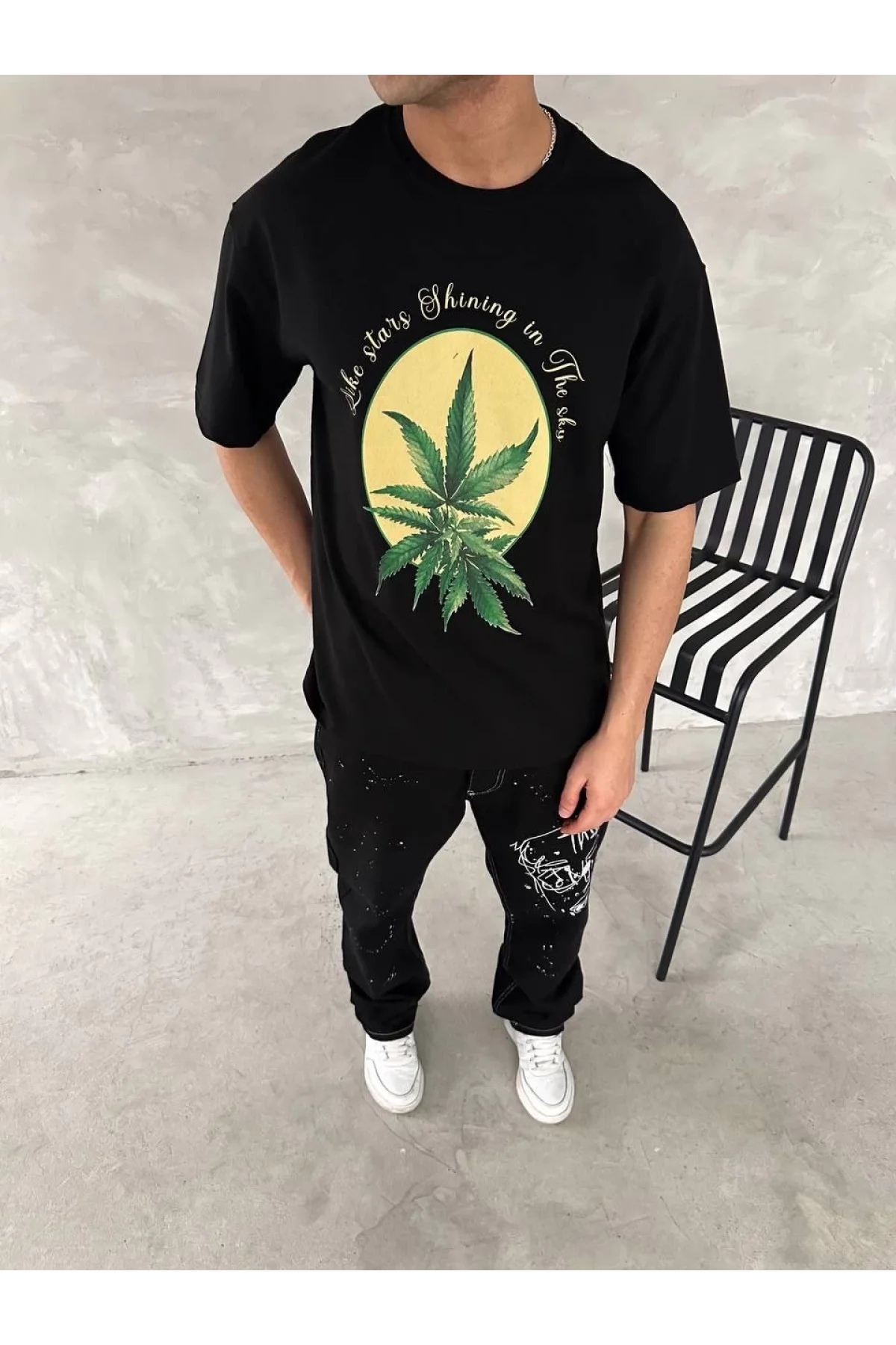 Ön ve Arka Baskılı Oversize Bisiklet Yaka T-shirt- Siyah