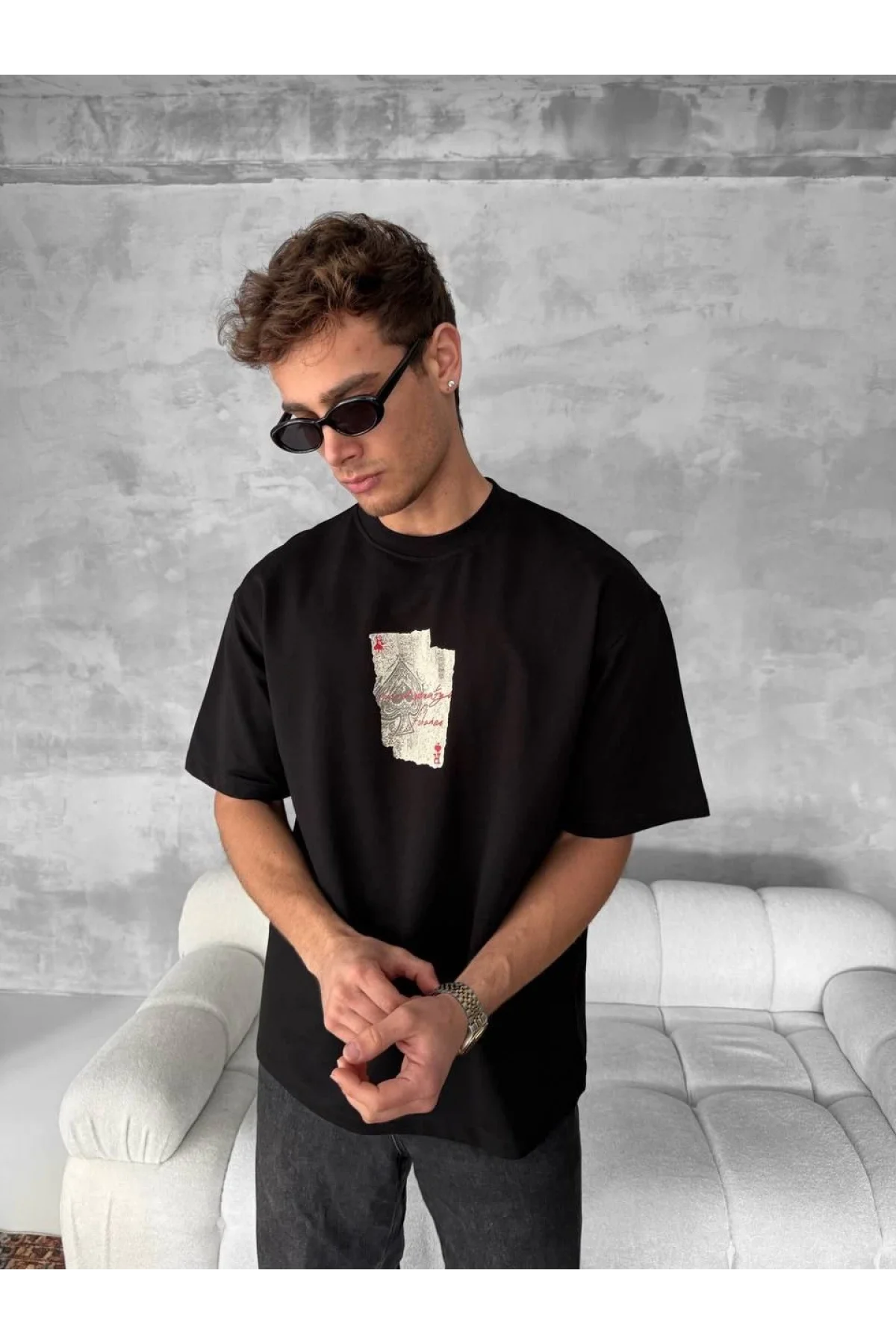 Ön ve Arka Baskılı Oversize Bisiklet Yaka T-shirt - Siyah