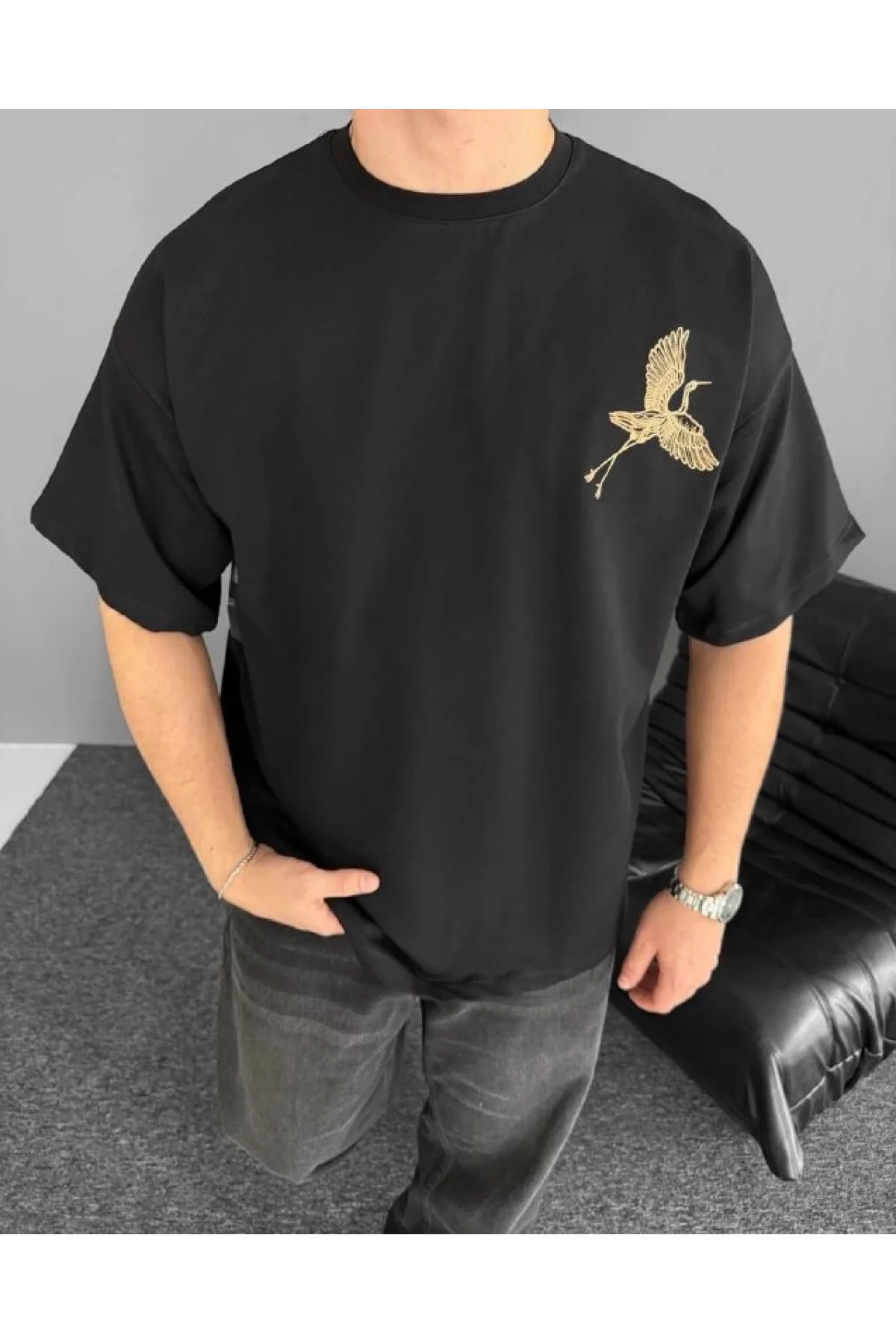 Ön ve Arka Baskılı Oversize Bisiklet Yaka T-shirt - Siyah