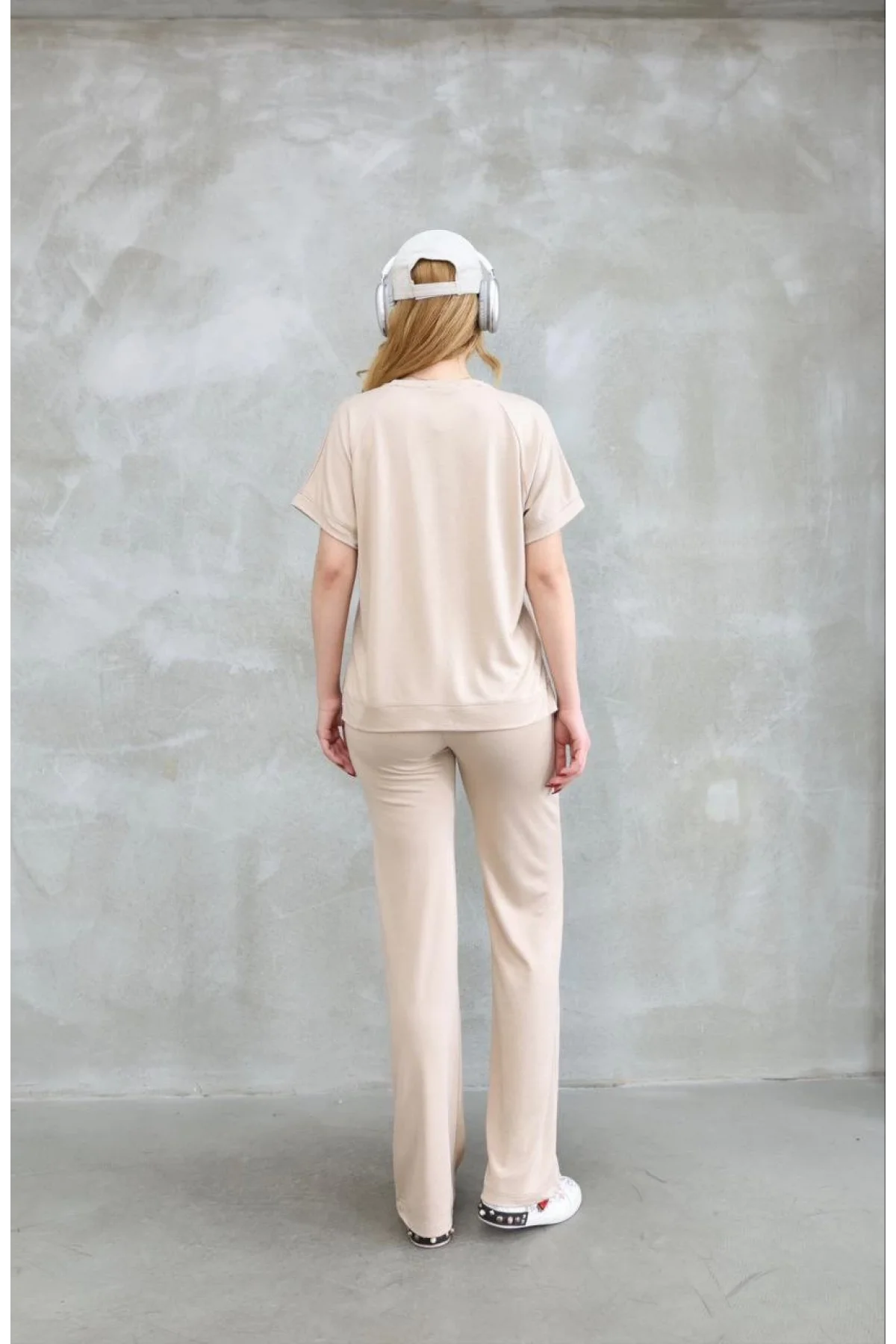 Osy Modal Yumuşak dokulu Kumaş Bisiklet Yaka Kısa Kollu Takım - Bej