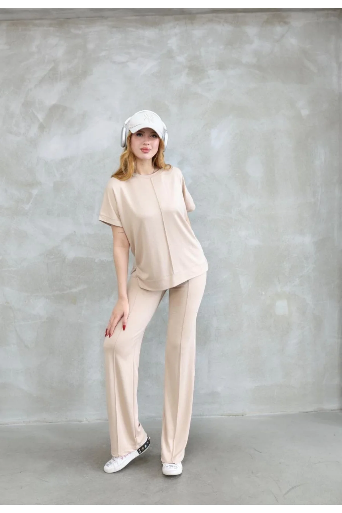 Osy Modal Yumuşak dokulu Kumaş Bisiklet Yaka Kısa Kollu Takım - Bej