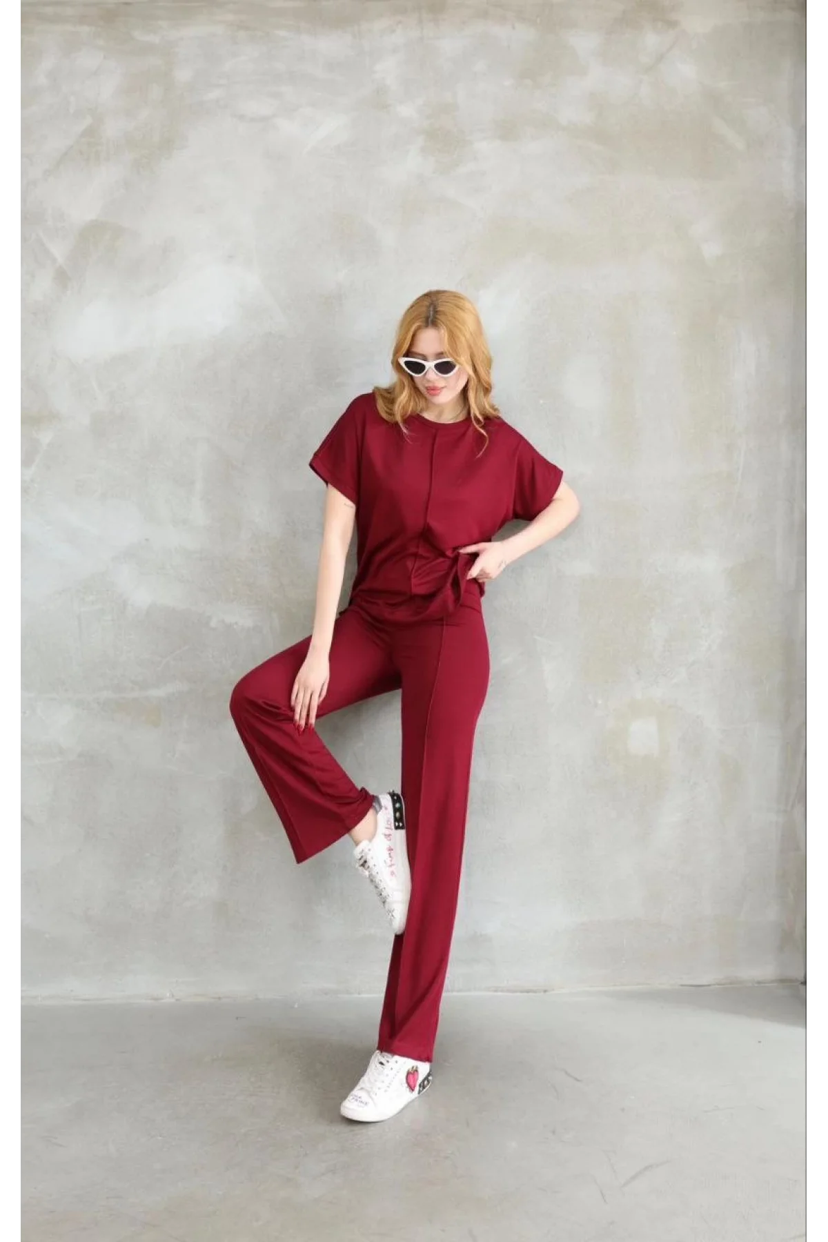 Osy Modal Yumuşak dokulu Kumaş Bisiklet Yaka Kısa Kollu Takım - Bordo