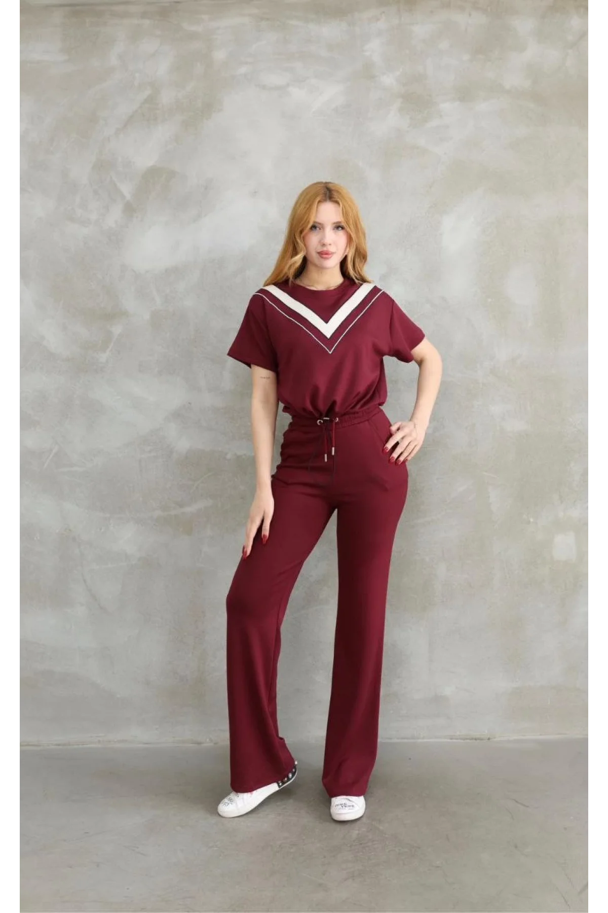 Osy Modal Yumuşak dokulu Kumaş Bisiklet Yaka Parçalı detaylı Kısa Kollu Takım - Bordo