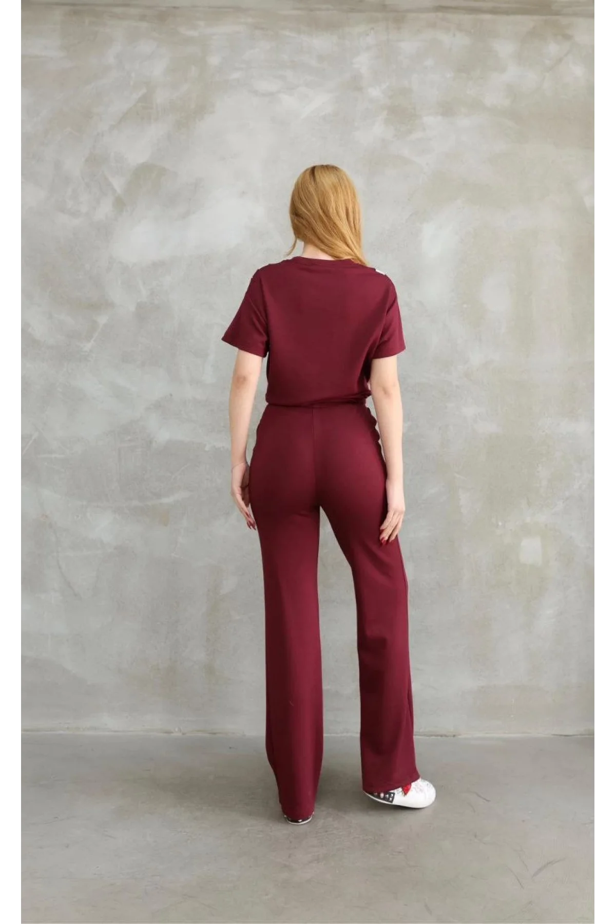 Osy Modal Yumuşak dokulu Kumaş Bisiklet Yaka Parçalı detaylı Kısa Kollu Takım - Bordo