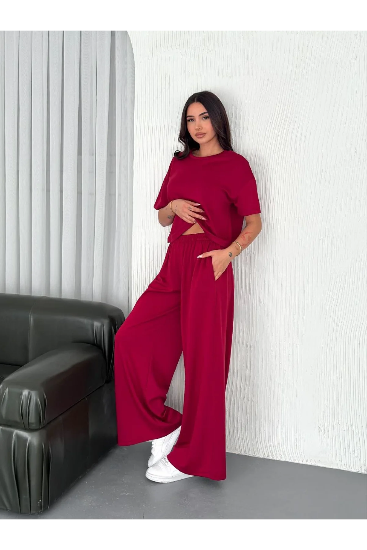 Osy Modal Yumuşak Dokulu Kumaş Bisiklet Yaka T-shirt Bol paça Pantalon ikili Takım -Bordo