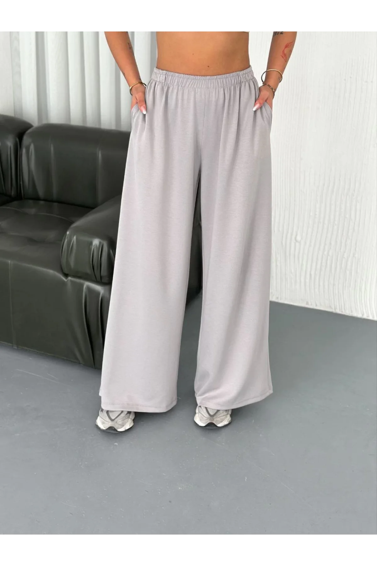 Osy Modal Yumuşak Dokulu Kumaş Bisiklet Yaka T-shirt Bol paça Pantalon ikili Takım - Boyalı Gri