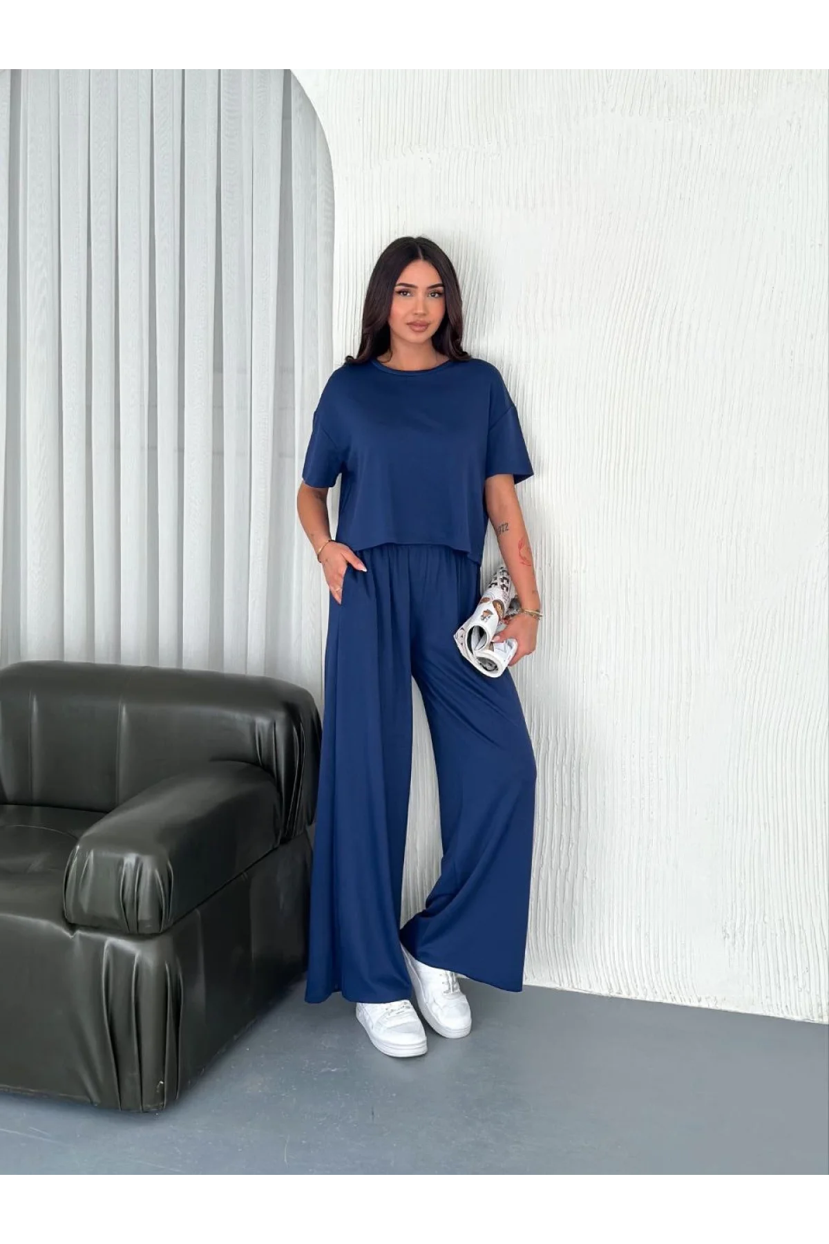 Osy Modal Yumuşak Dokulu Kumaş Bisiklet Yaka T-shirt Bol paça Pantalon ikili Takım -Saks Mavi