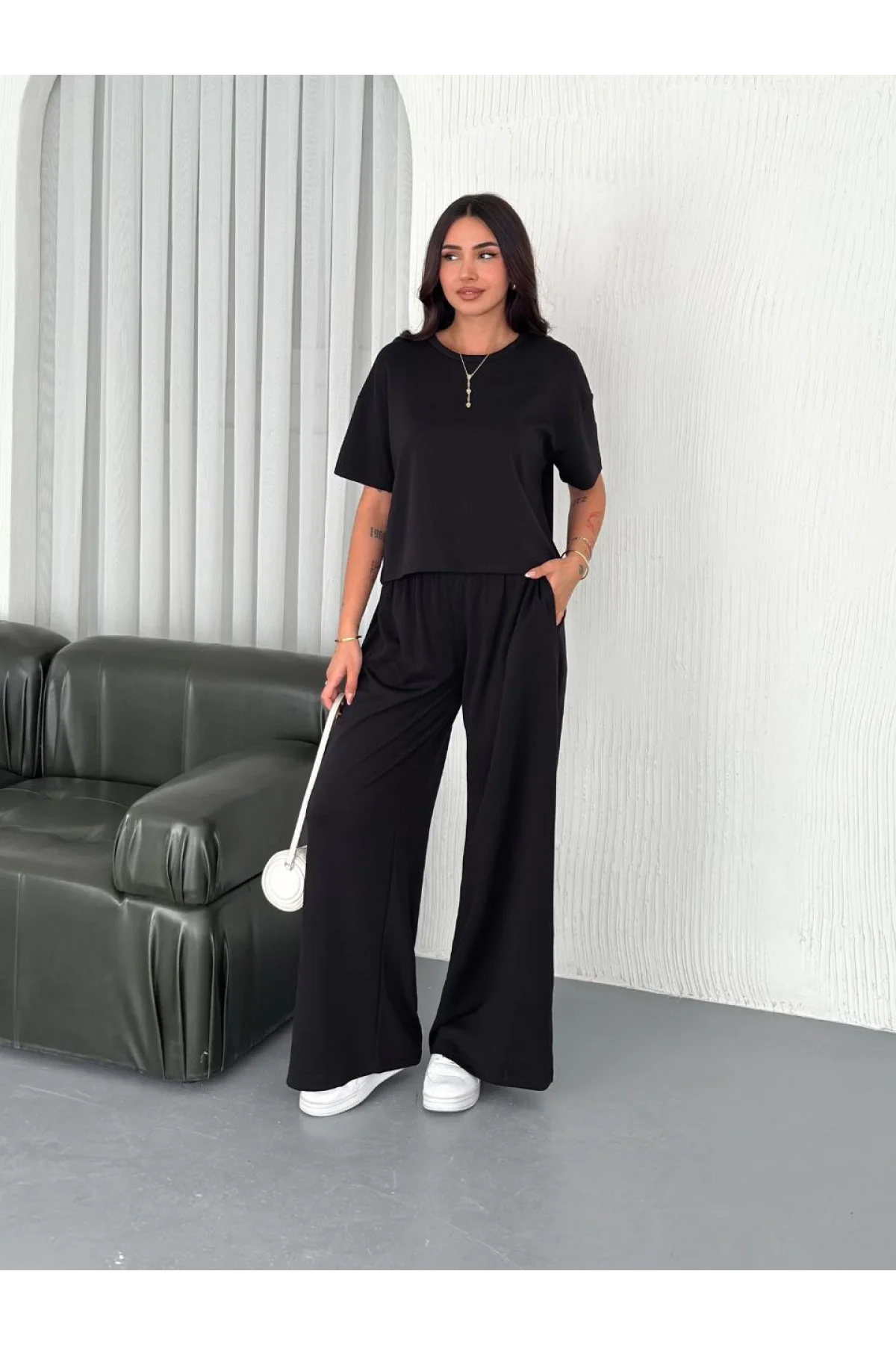 Osy Modal Yumuşak Dokulu Kumaş Bisiklet Yaka T-shirt Bol paça Pantalon ikili Takım -Siyah