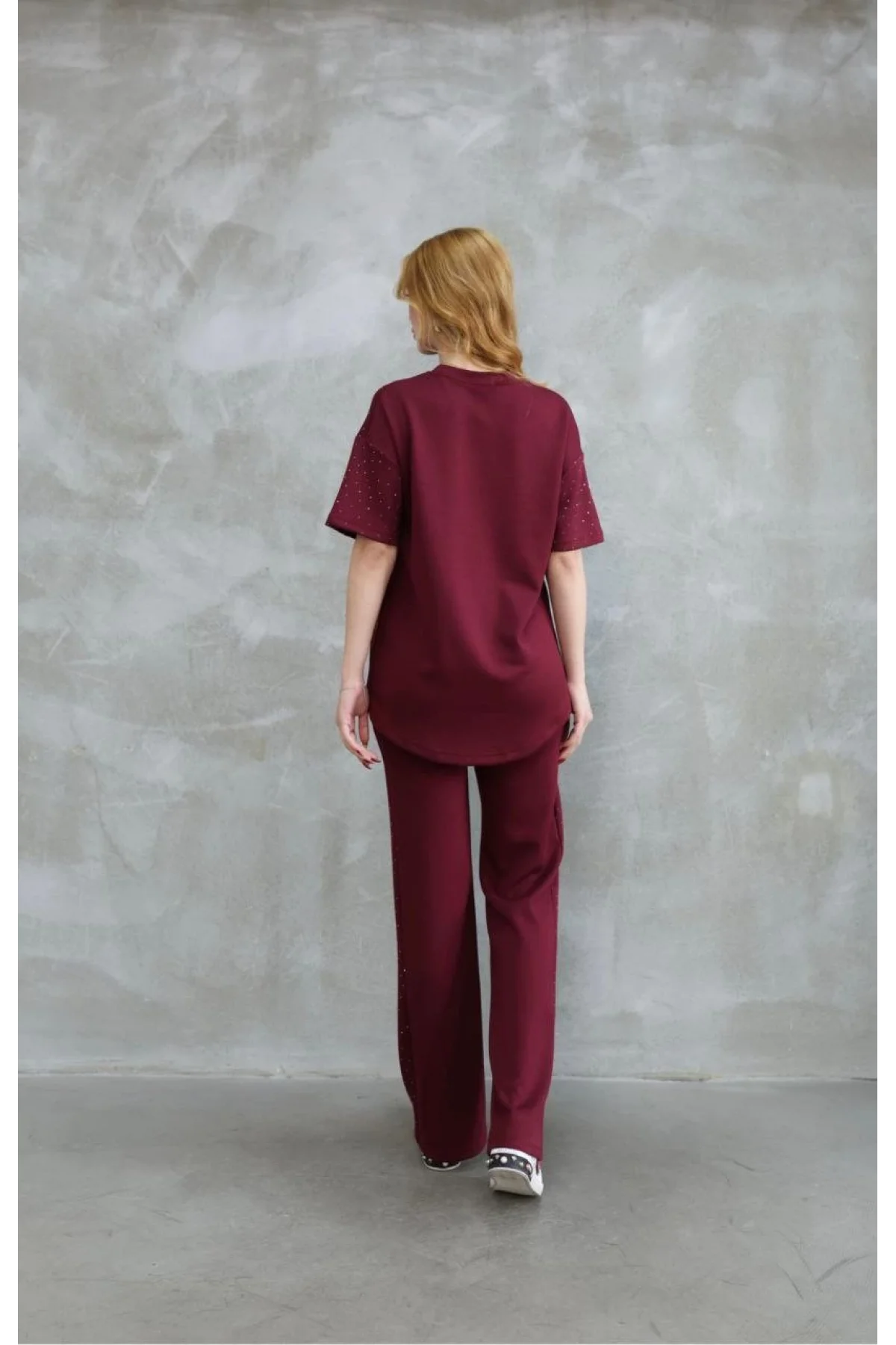 Osy Modal Yumuşak dokulu Kumaş Bisiklet Yaka Taş detaylı Kısa Kollu Takım - Bordo