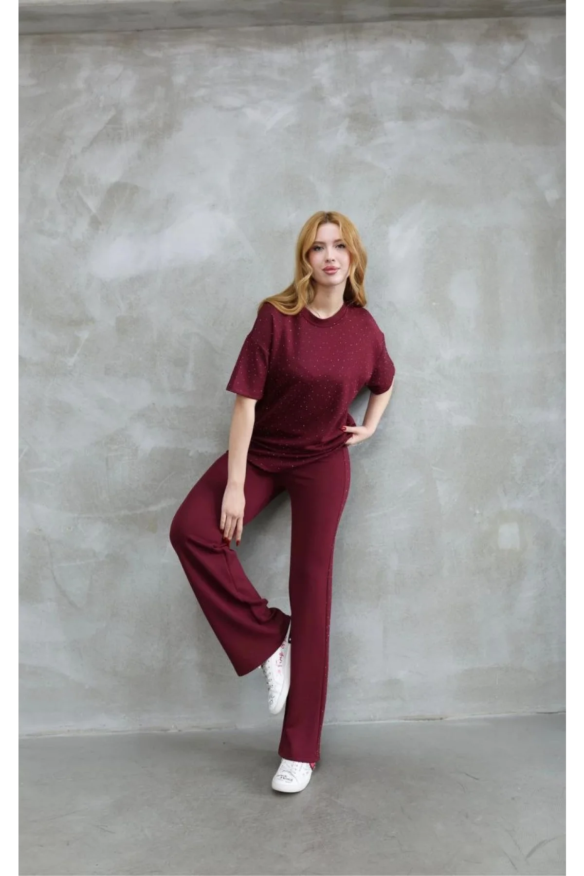 Osy Modal Yumuşak dokulu Kumaş Bisiklet Yaka Taş detaylı Kısa Kollu Takım - Bordo