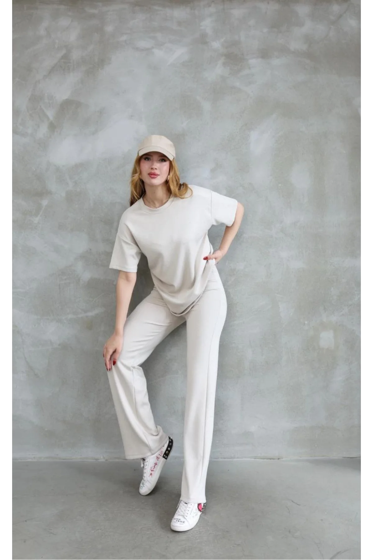 Osy Modal Yumuşak dokulu Kumaş Bisiklet Yaka Taş detaylı Kısa Kollu Takım - Kırık Beyaz