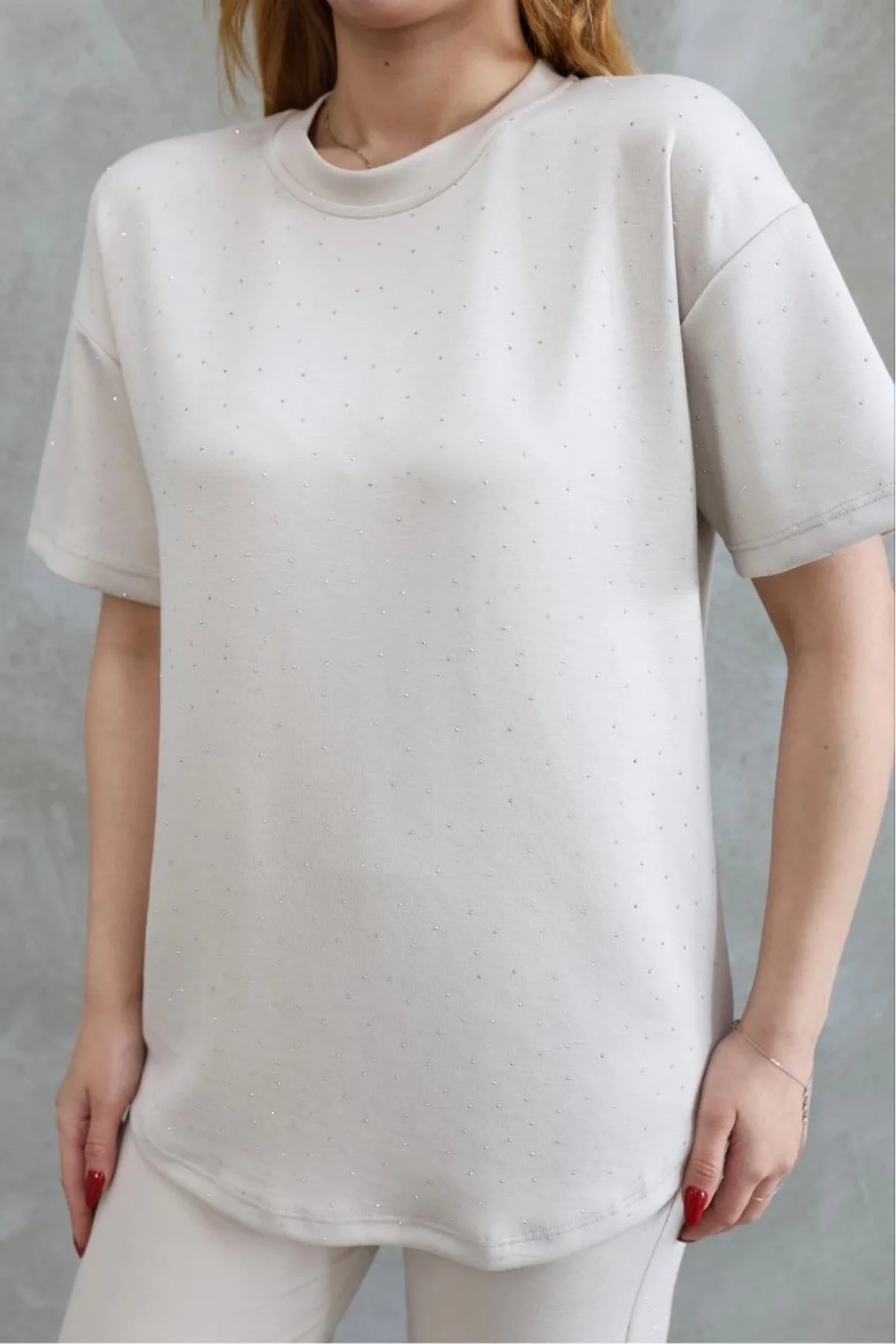 Osy Modal Yumuşak dokulu Kumaş Bisiklet Yaka Taş detaylı Kısa Kollu Takım - Kırık Beyaz