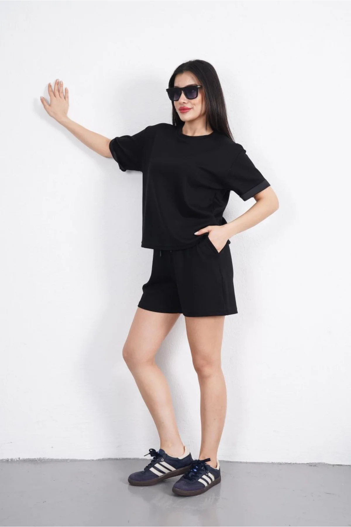 Osy Modal yumuşak dokulu Kumaş Kadın Bisiklet Yaka T-shirt Kısa Şort İkili Takım - Siyah