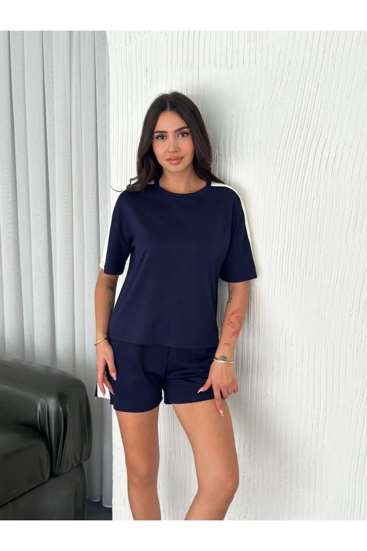 Osy Modal yumuşak dokulu Kumaş Kadın Parçalı Bisiklet Yaka T-shirt Kısa Şort İkili Takım - Mavi