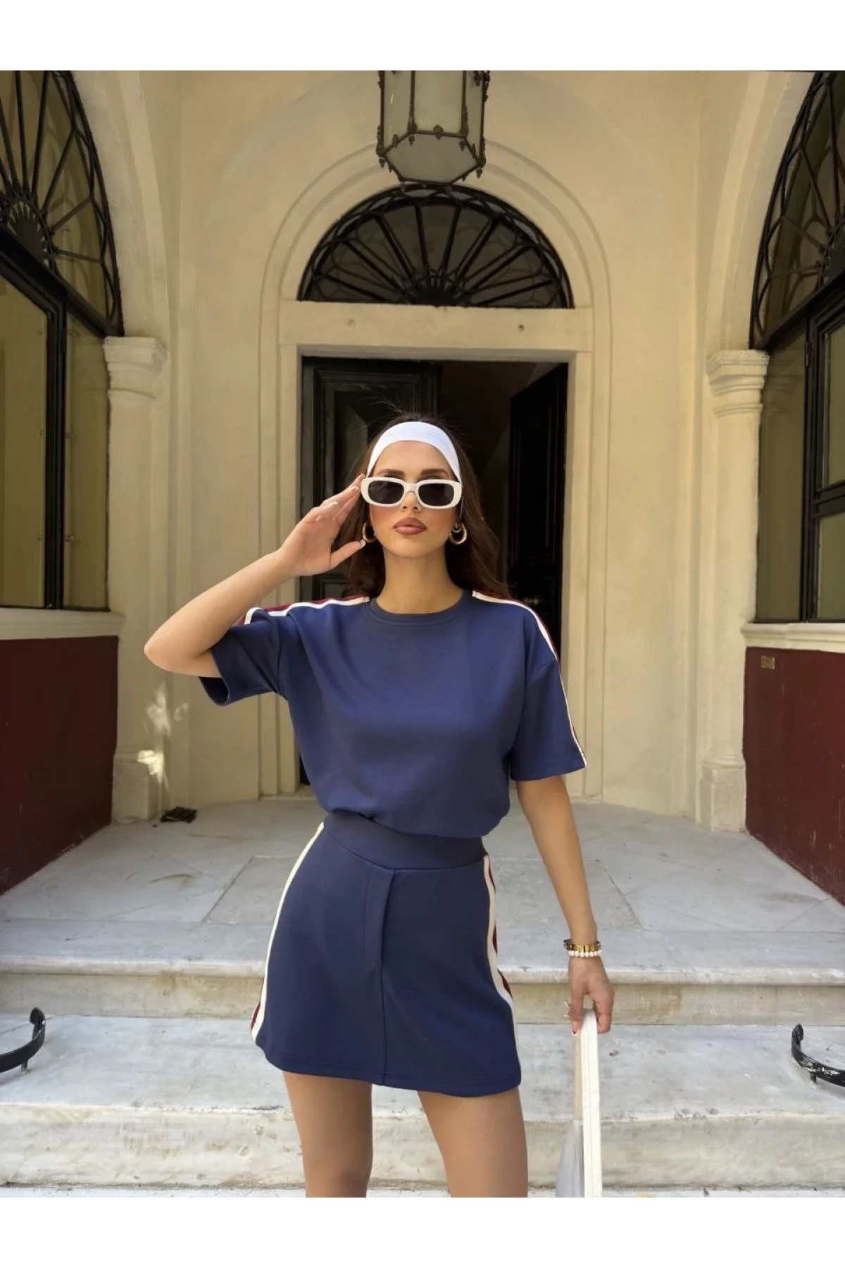 Osy Modal yumuşak dokulu Kumaş Kadın Parçalı Bisiklet Yaka T-shirt Mini Şortlu Etek İkili Takım -Lacivert