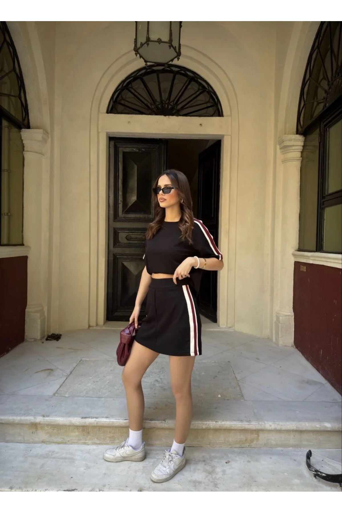 Osy Modal yumuşak dokulu Kumaş Kadın Parçalı Bisiklet Yaka T-shirt Mini Şortlu Etek İkili Takım - Siyah