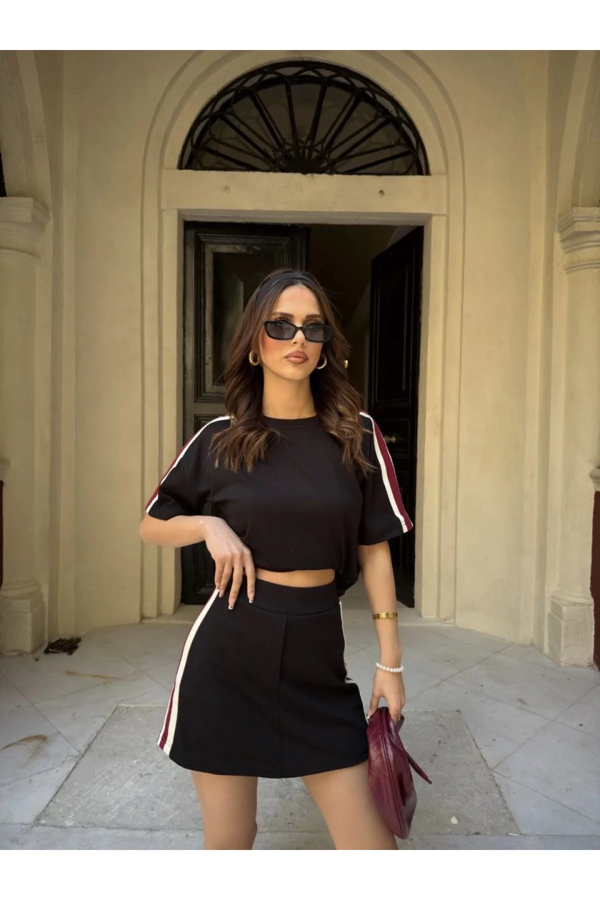 Osy Modal yumuşak dokulu Kumaş Kadın Parçalı Bisiklet Yaka T-shirt Mini Şortlu Etek İkili Takım - Siyah