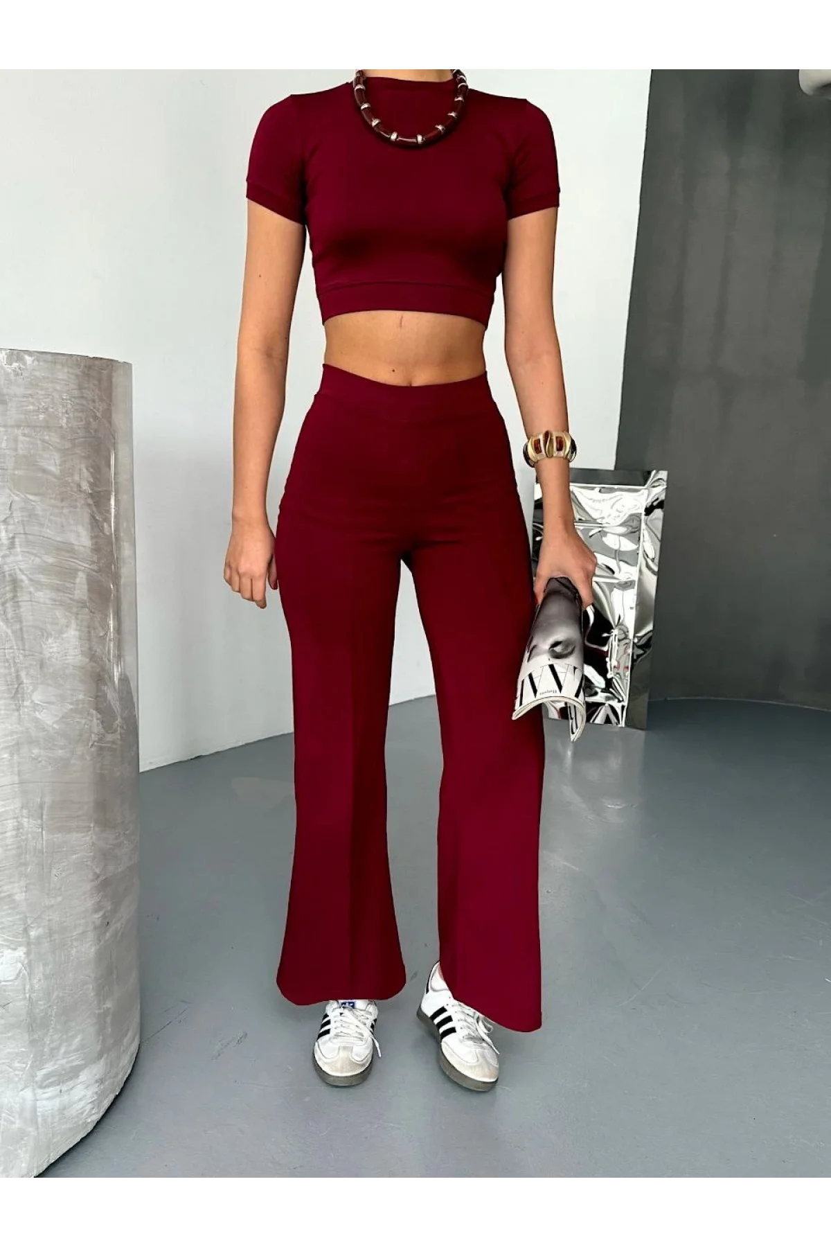 Osy Modal Yumuşak Dokulu Kumaş Kısa Kollu Crop Alt ispanyol Paça Pantalon ikili Takım - Bordo