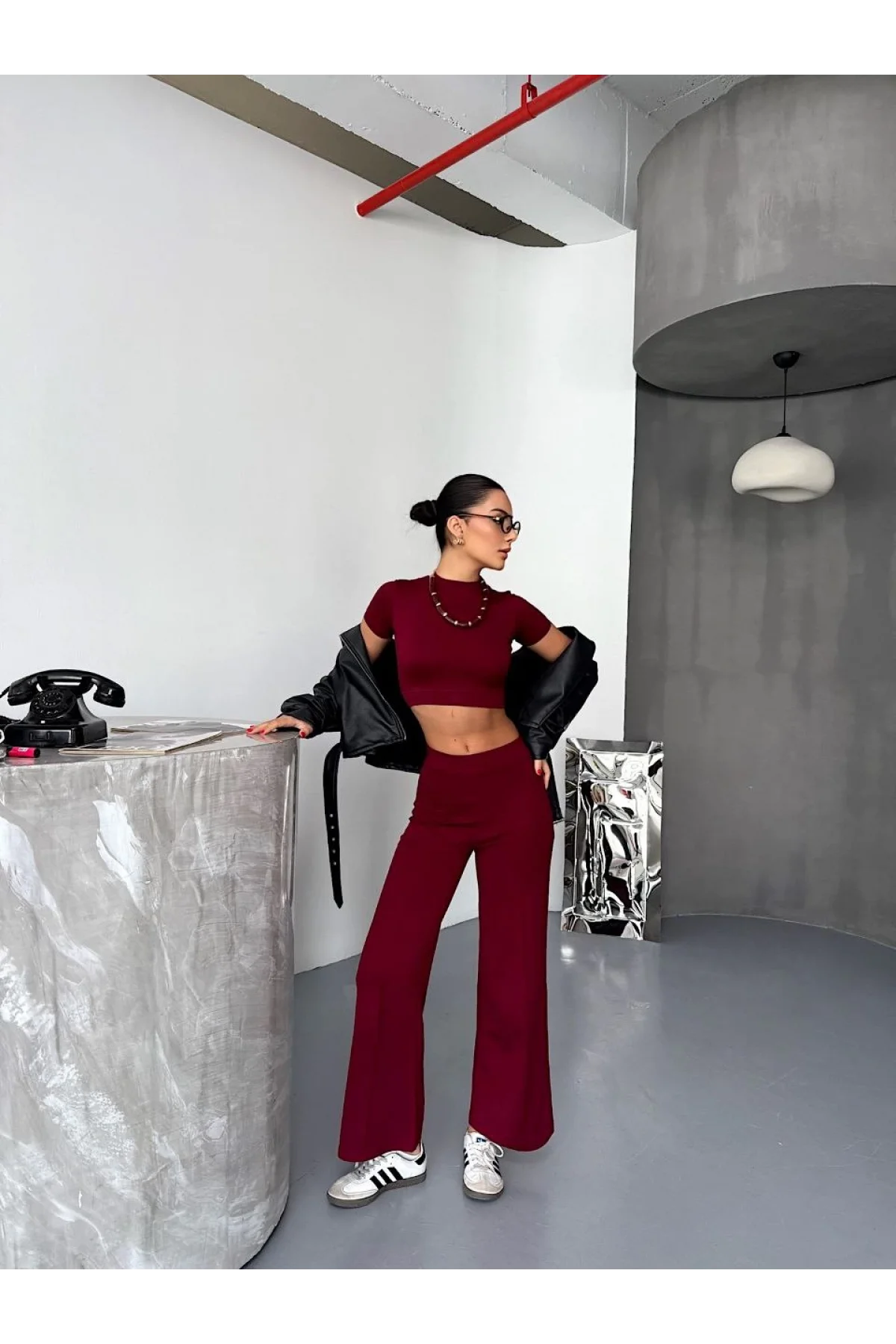 Osy Modal Yumuşak Dokulu Kumaş Kısa Kollu Crop Alt ispanyol Paça Pantalon ikili Takım - Bordo