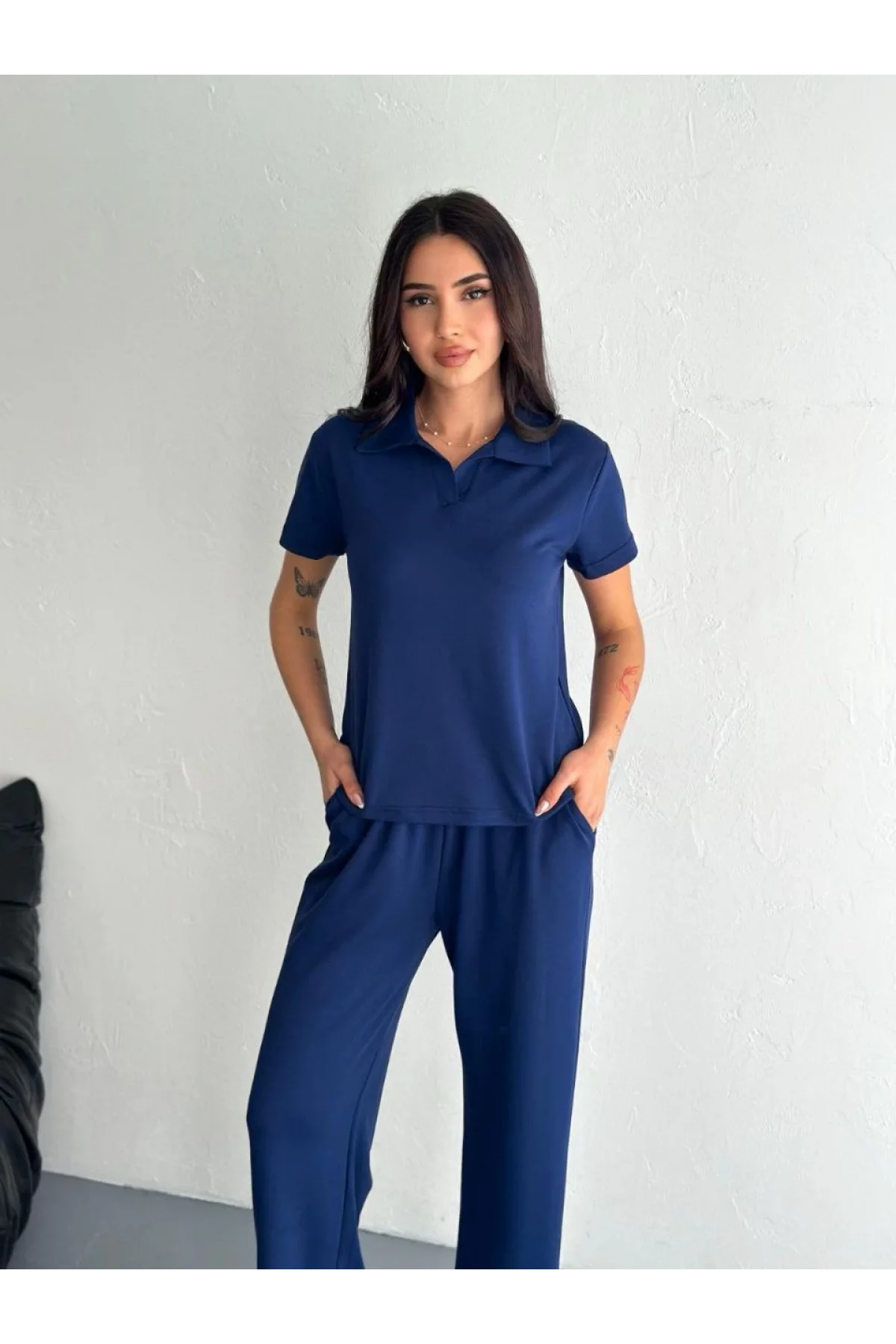 Osy Modal Yumuşak Dokulu Kumaş Kısa Kollu Yakalı T-shirt Pantalon ikili Takım- Lacivert