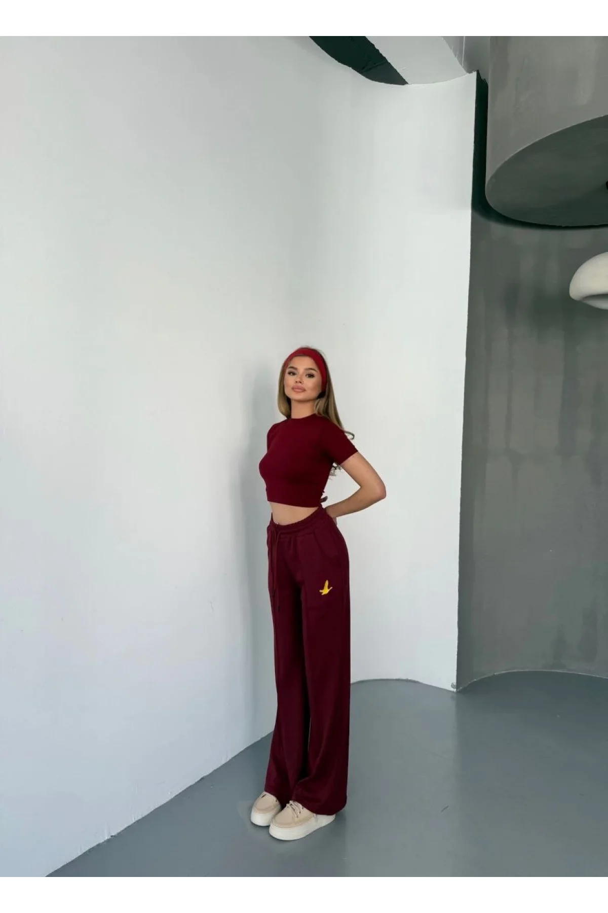 Osy Modal Yumuşak Dokulu Kumaş Nakış işlemeli Rahat Bol Paça Eşofman Pantalon - Bordo