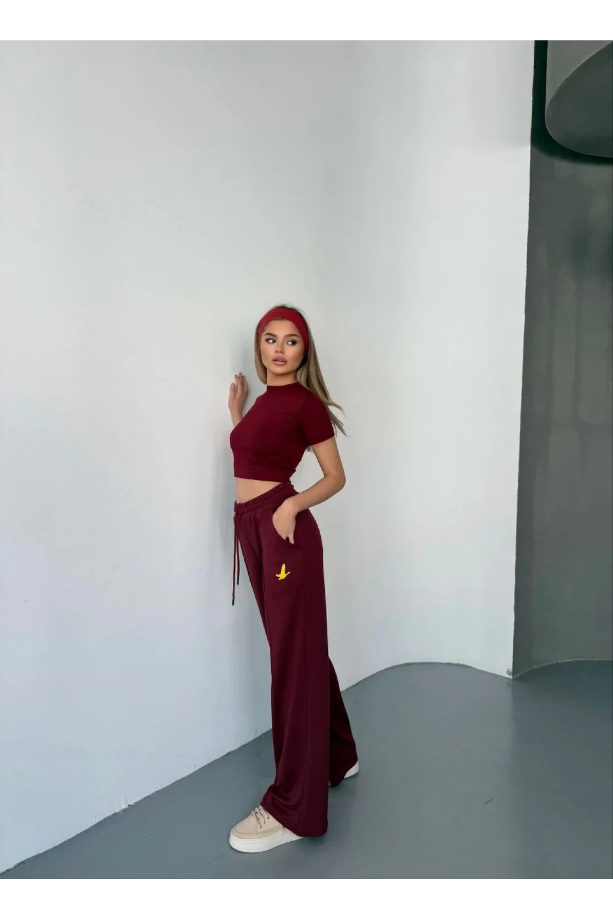 Osy Modal Yumuşak Dokulu Kumaş Nakış işlemeli Rahat Bol Paça Eşofman Pantalon - Bordo