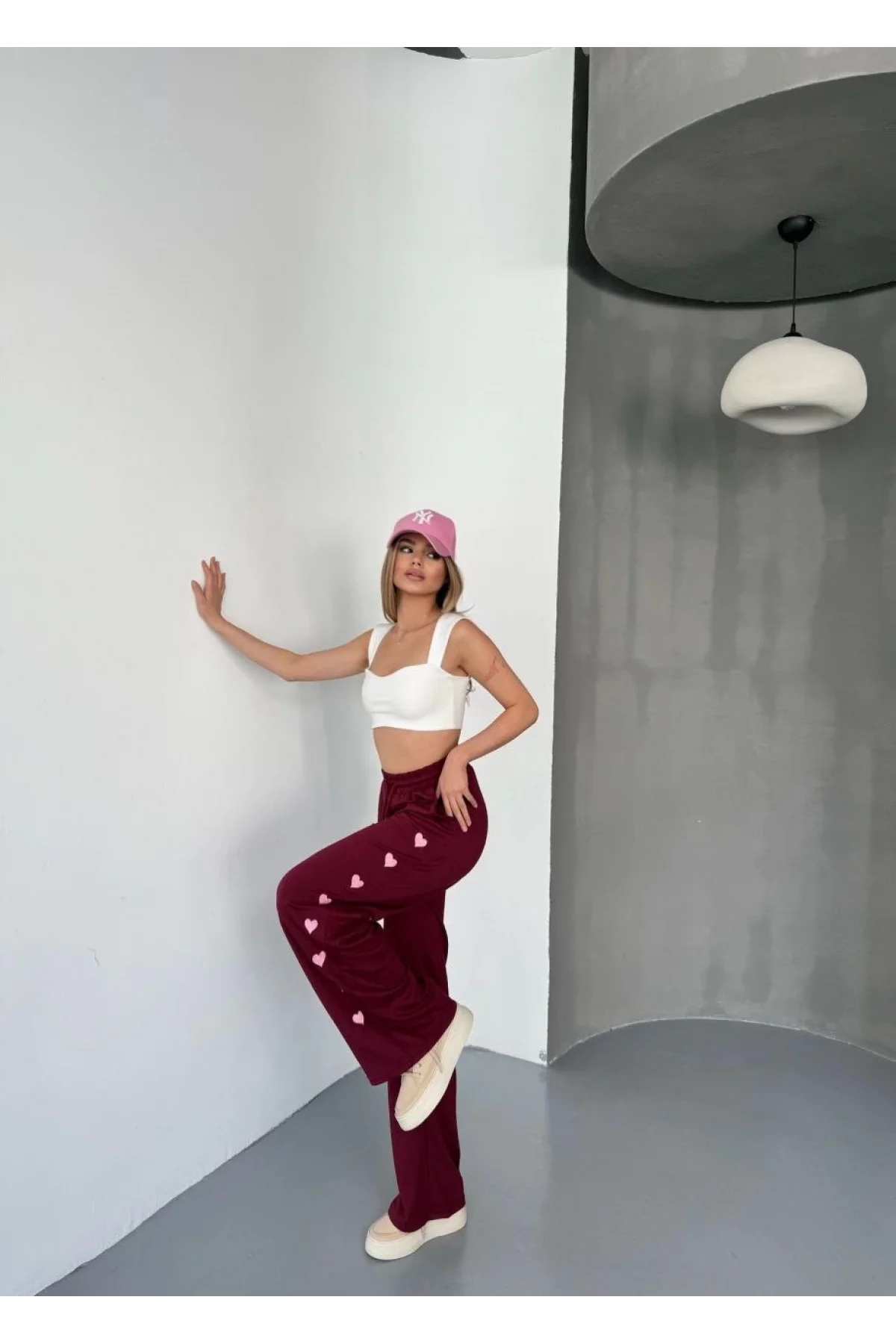 Osy Modal Yumuşak Dokulu Kumaş Nakış işlemeli Rahat Bol Paça Eşofman Pantalon - Bordo