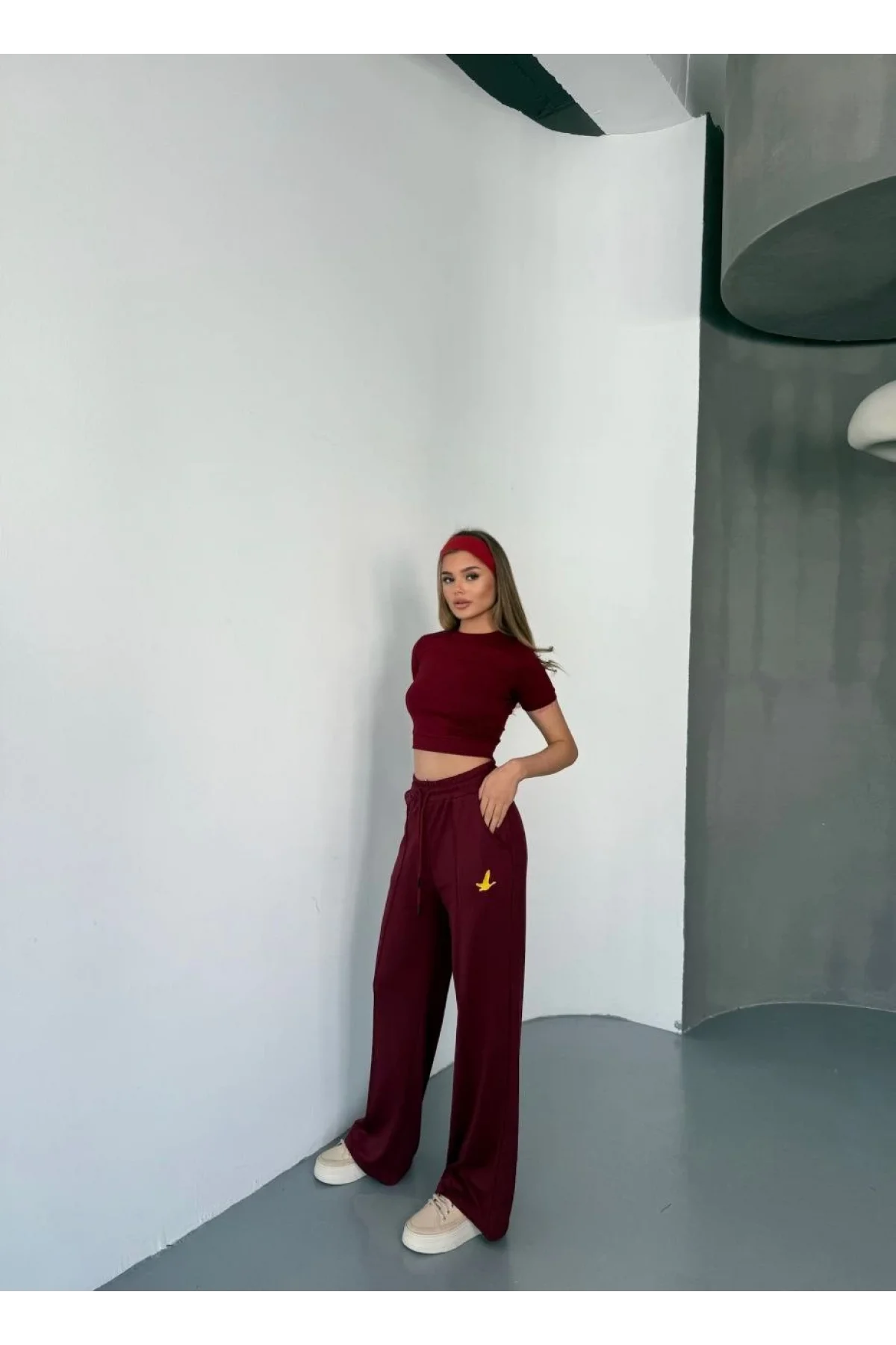 Osy Modal Yumuşak Dokulu Kumaş Nakış işlemeli Rahat Bol Paça Eşofman Pantalon - Bordo